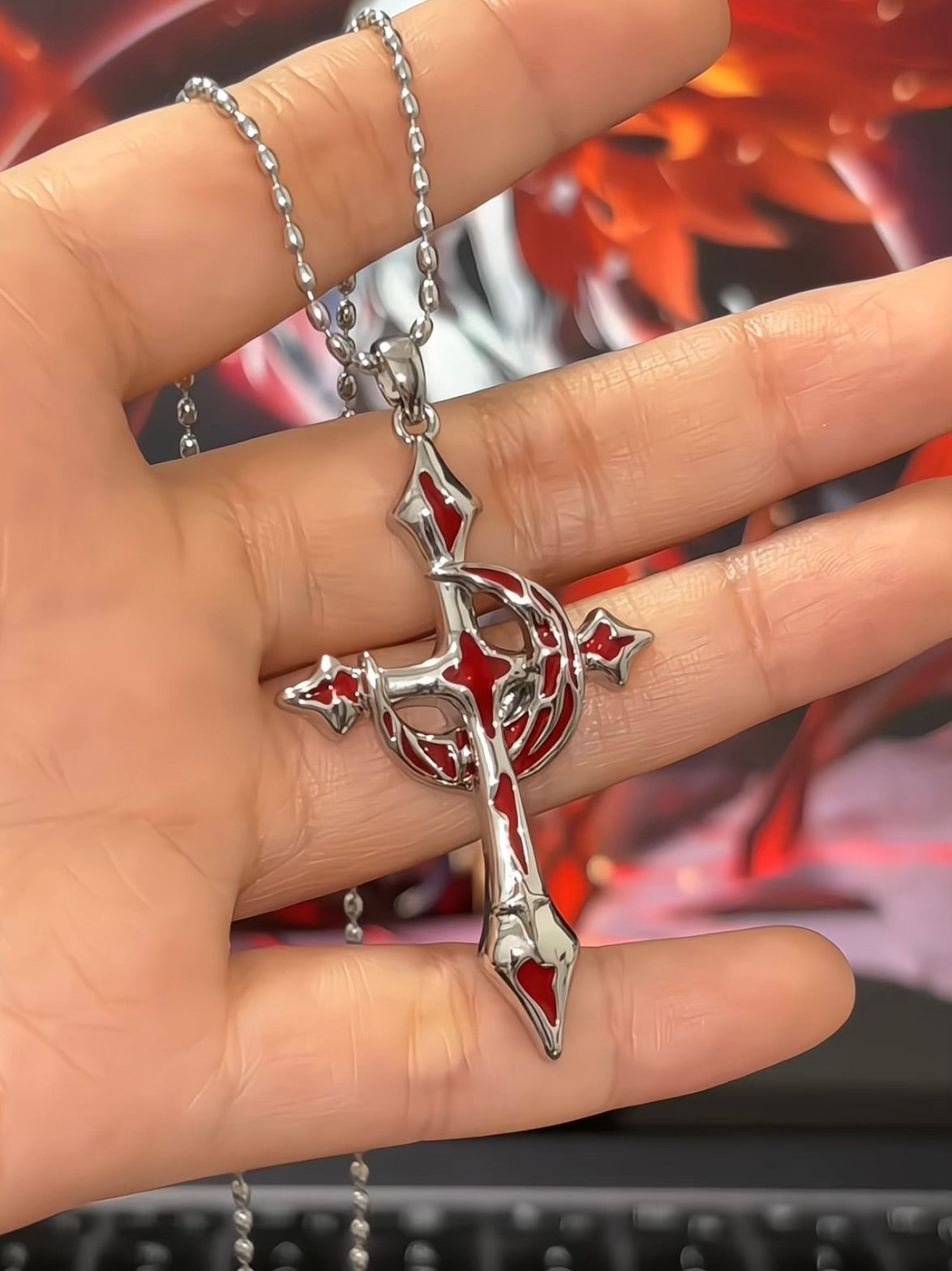 Goth Blood Red Moon & Cross Necklace for Arlecchino Genshin
