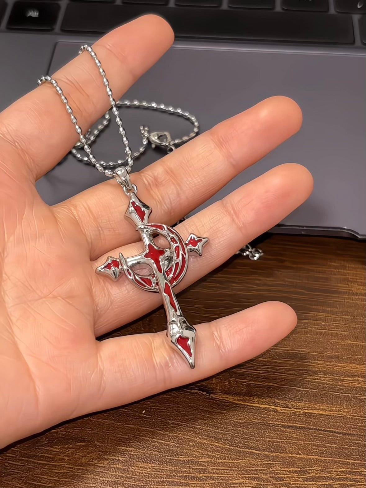 Goth Blood Red Moon & Cross Necklace for Arlecchino Genshin