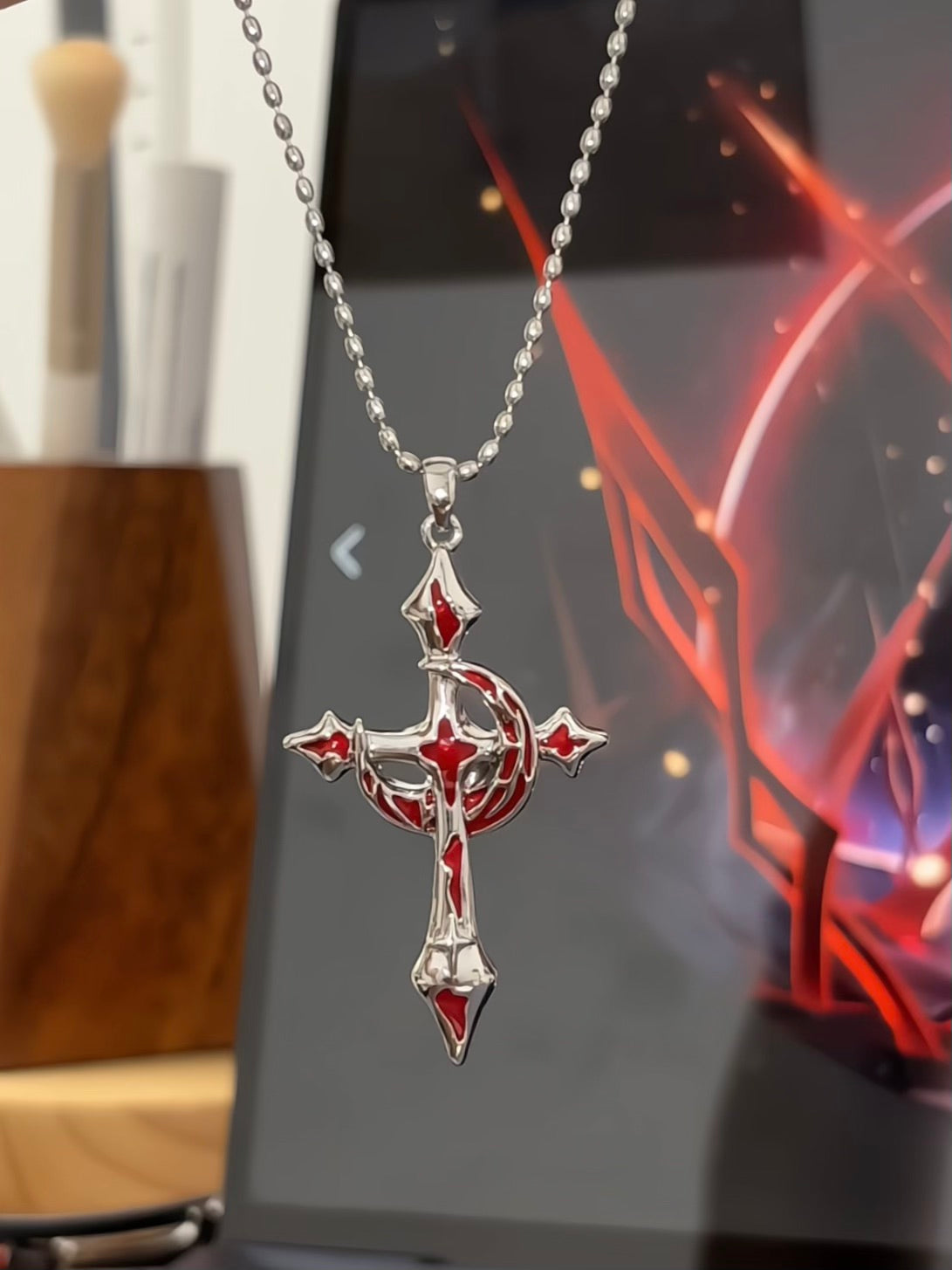 Goth Blood Red Moon & Cross Necklace for Arlecchino Genshin