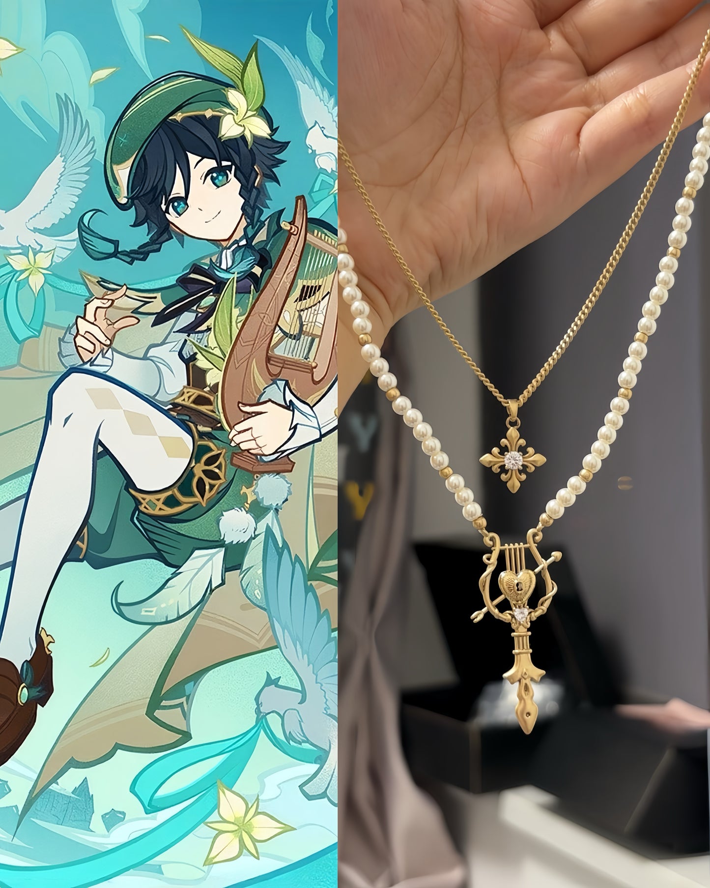 Vintage Gold Harp Double Layer Necklace Inspired by Venti