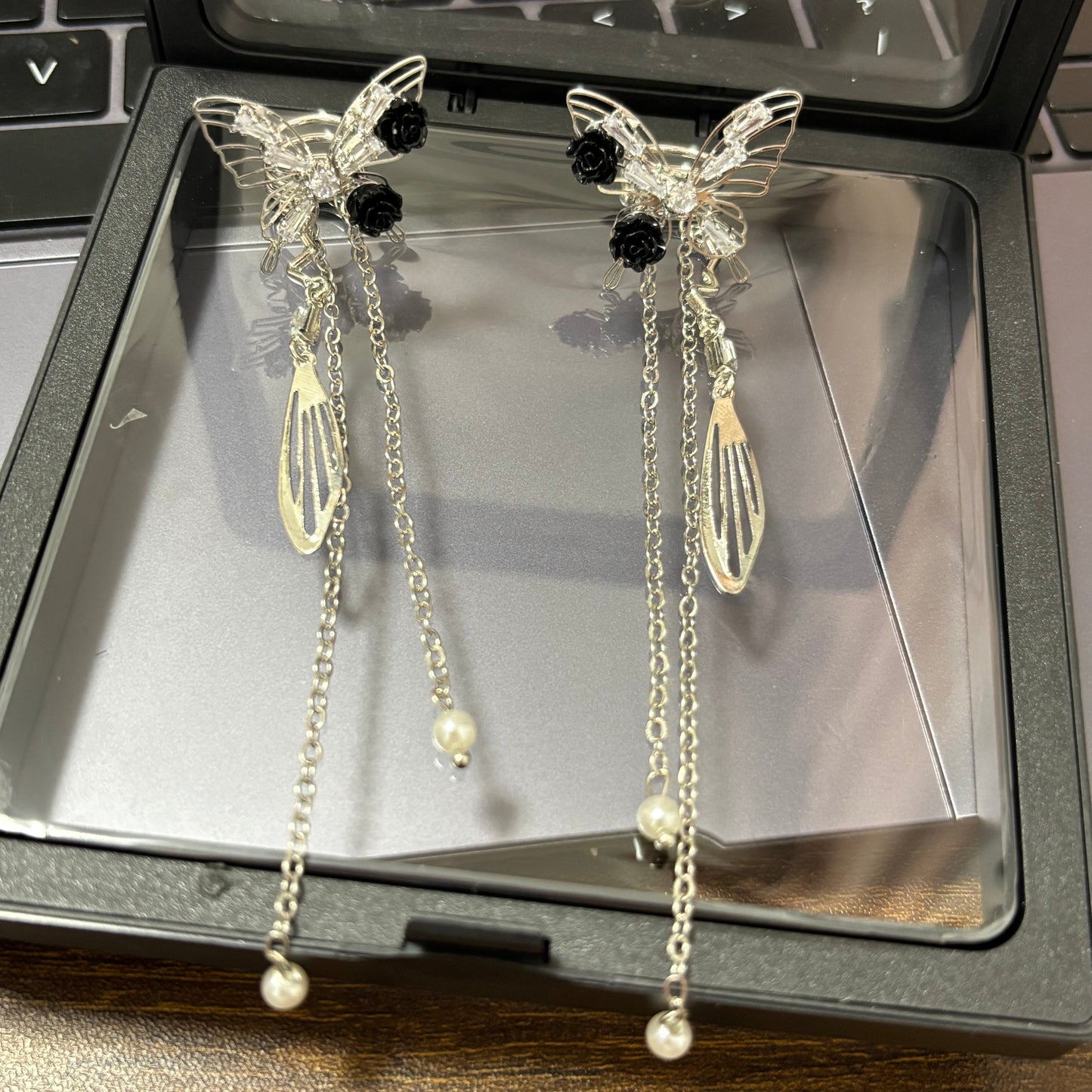 Fancy Butterfly Rhinestone Tassel Ear Cuffs