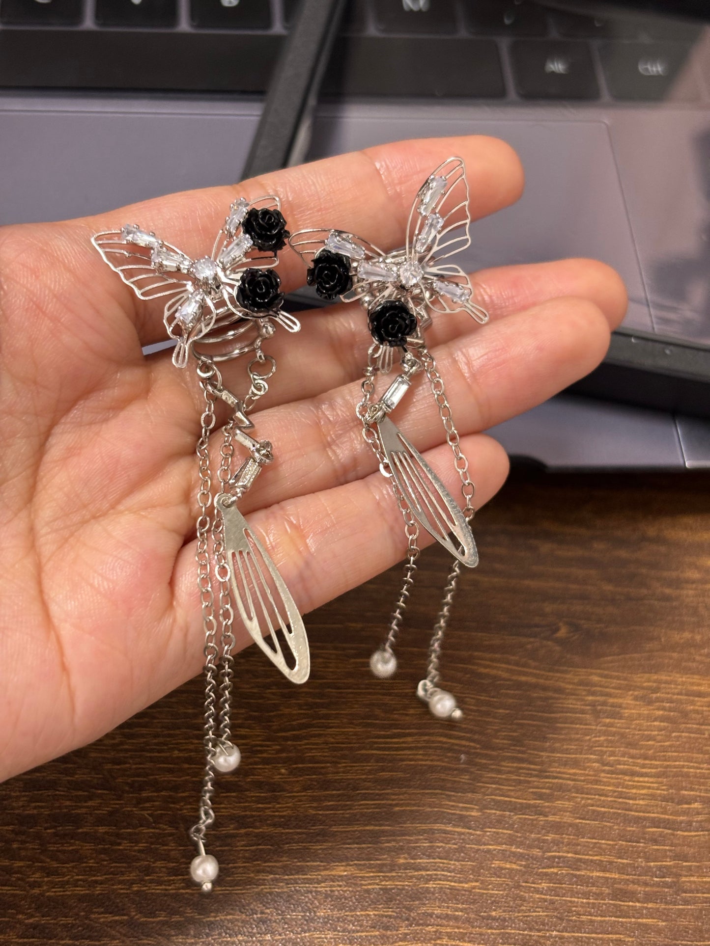 Fancy Butterfly Rhinestone Tassel Ear Cuffs