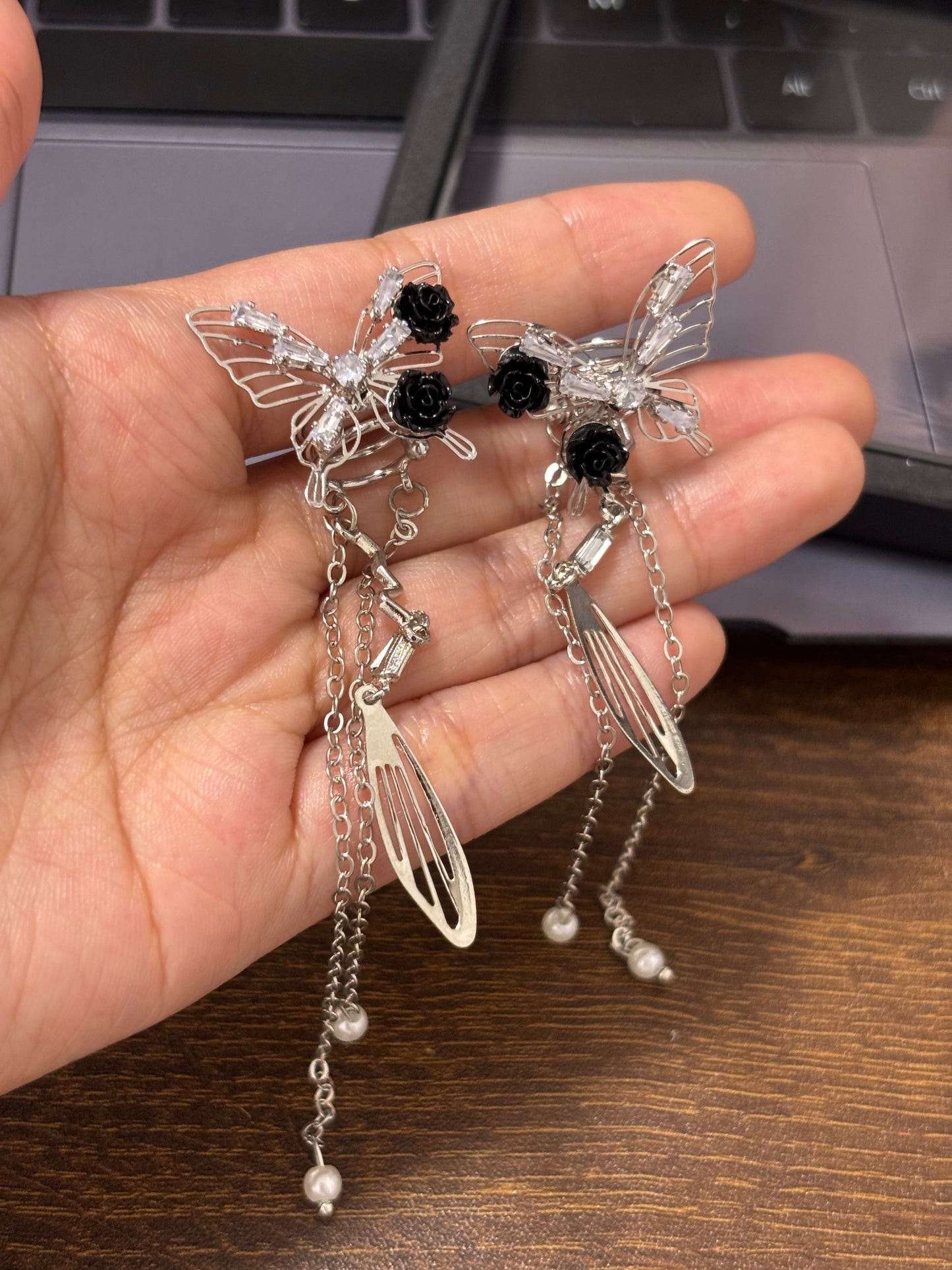 Fancy Butterfly Rhinestone Tassel Ear Cuffs