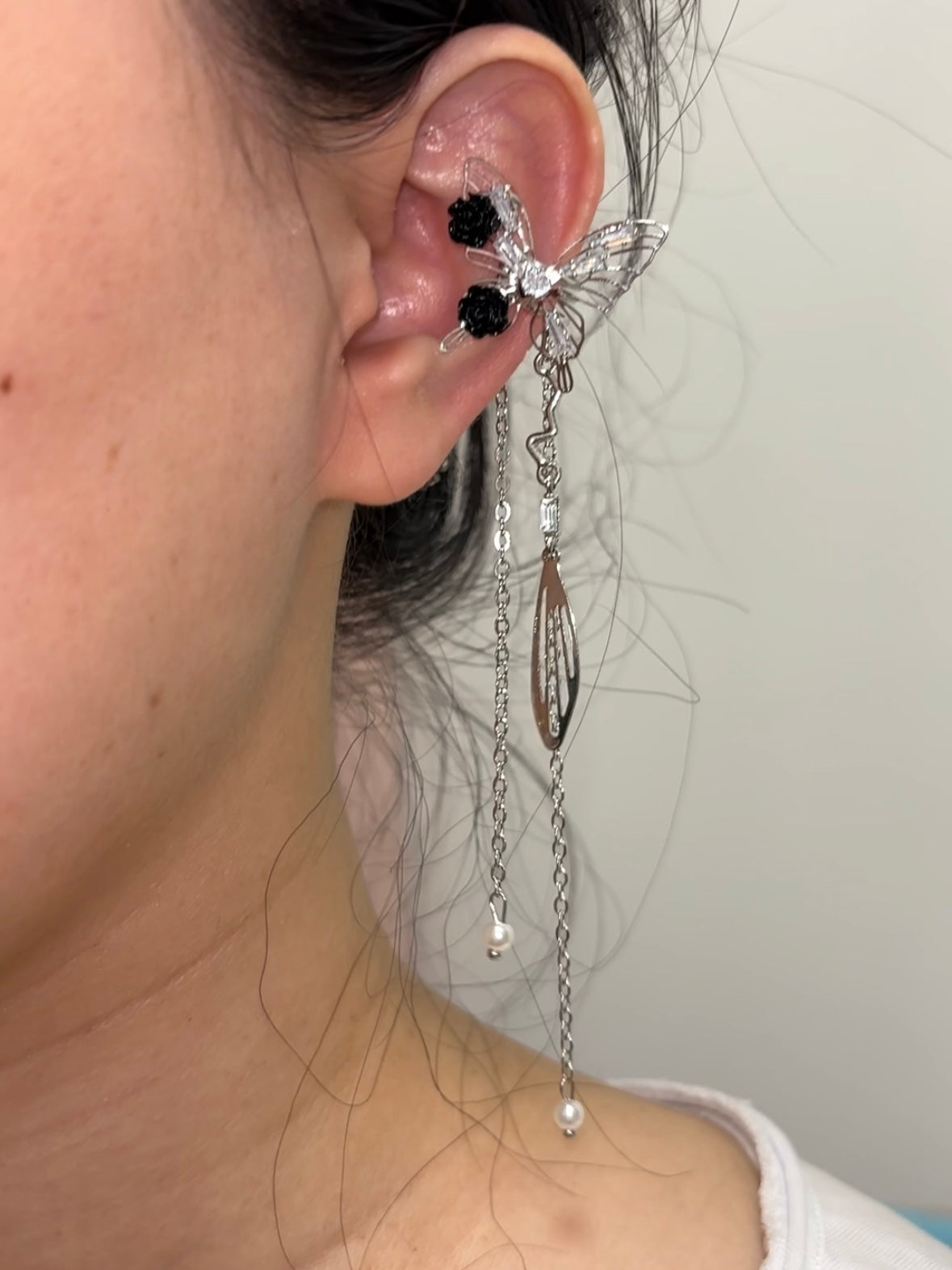 Fancy Butterfly Rhinestone Tassel Ear Cuffs