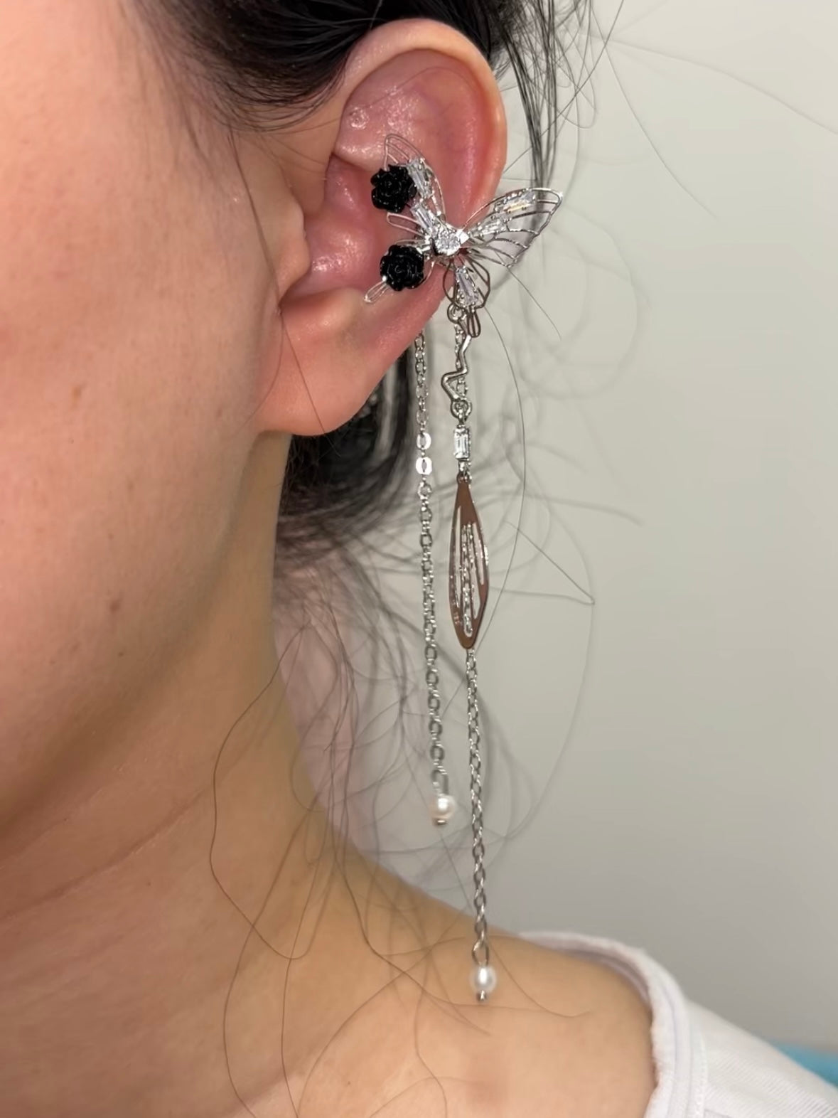 Fancy Butterfly Rhinestone Tassel Ear Cuffs