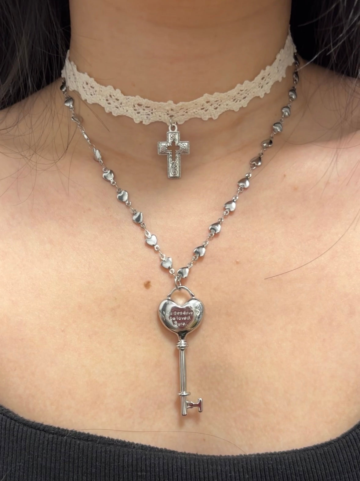 Y2K White Cross & Key Choker Necklace
