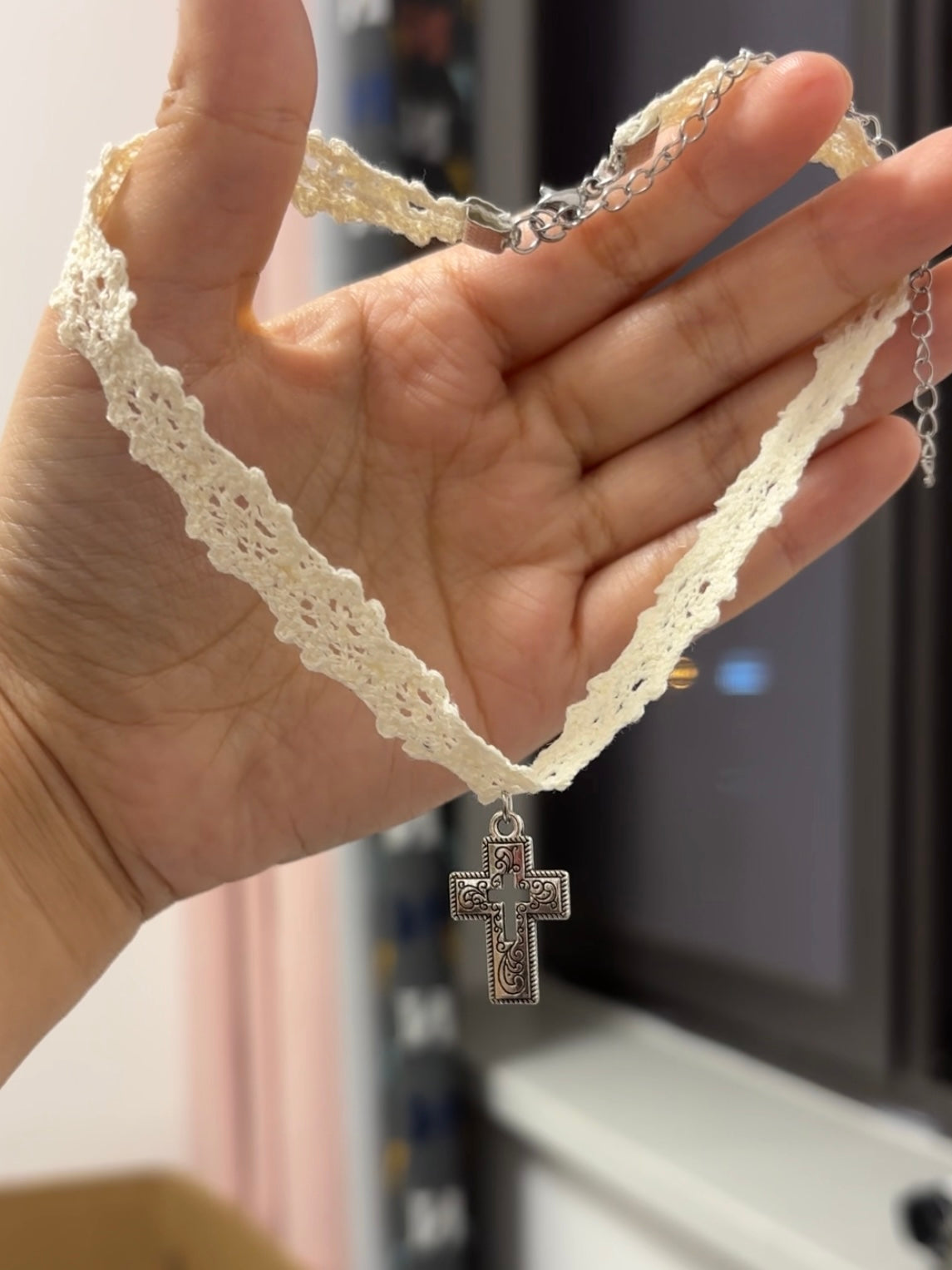 Y2K White Cross & Key Choker Necklace