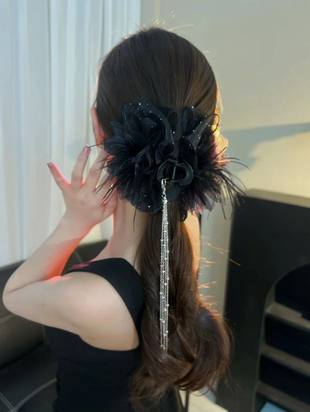Fancy Women Black Feather Butterfly Tassel Hairclip