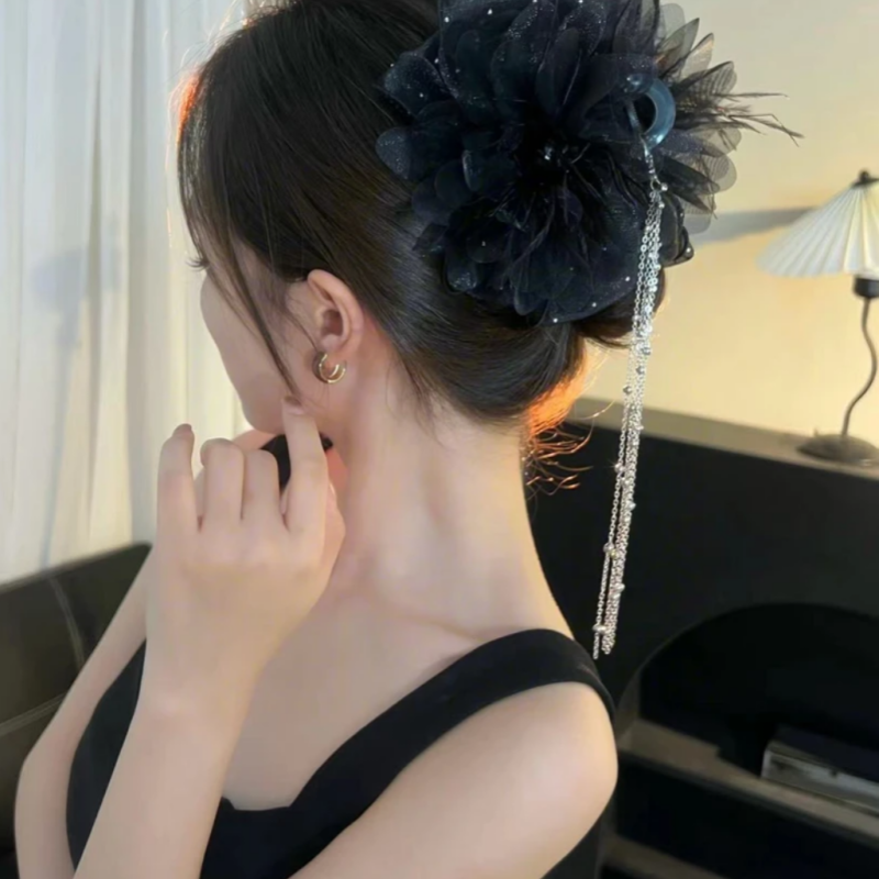 Fancy Women Black Feather Butterfly Tassel Hairclip