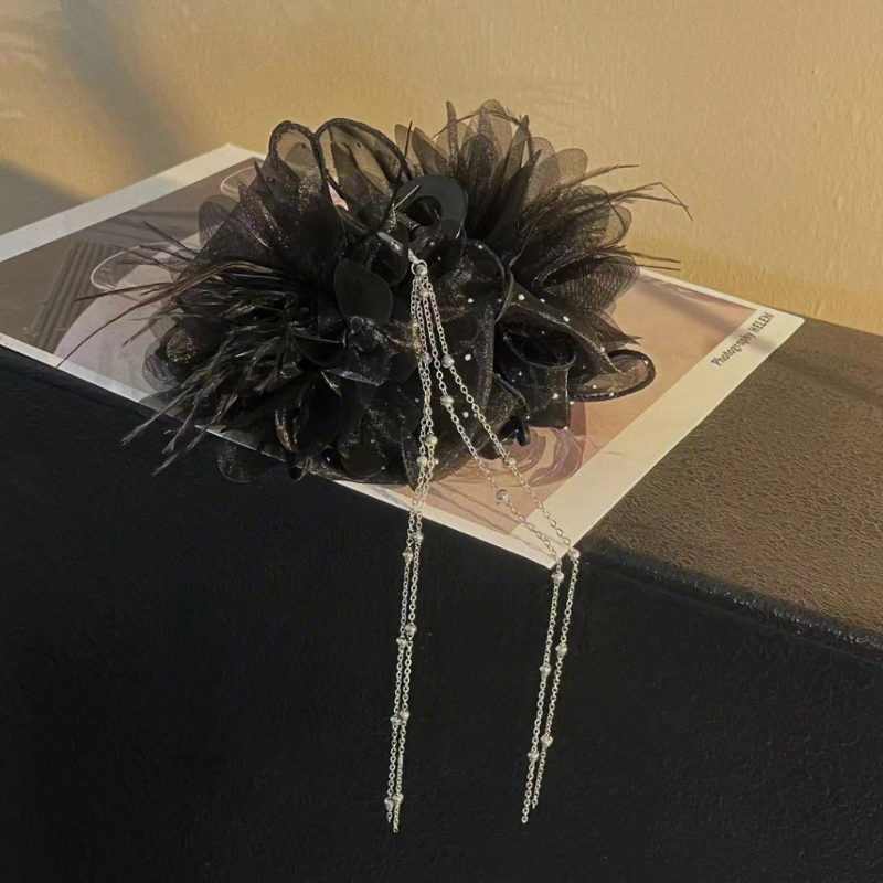 Fancy Women Black Feather Butterfly Tassel Hairclip