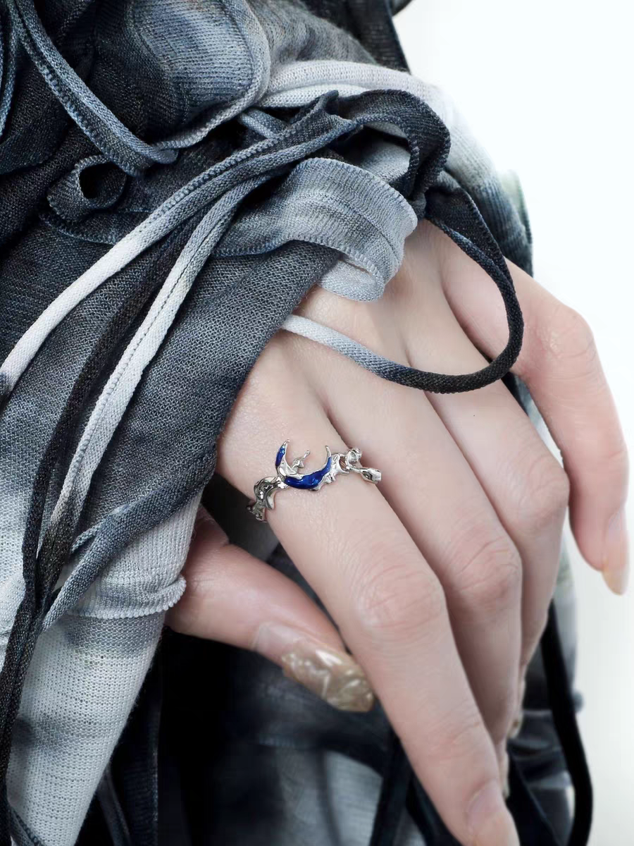 S925 Silber Unisex Blau Halbmond Offener Ring