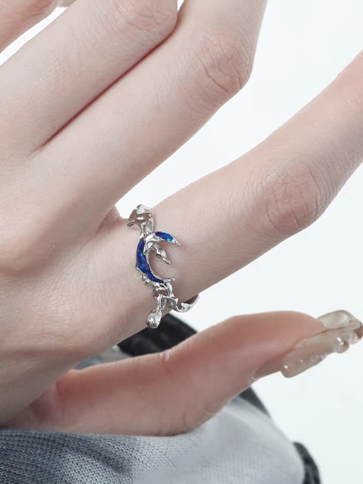 S925 Silber Unisex Blau Halbmond Offener Ring