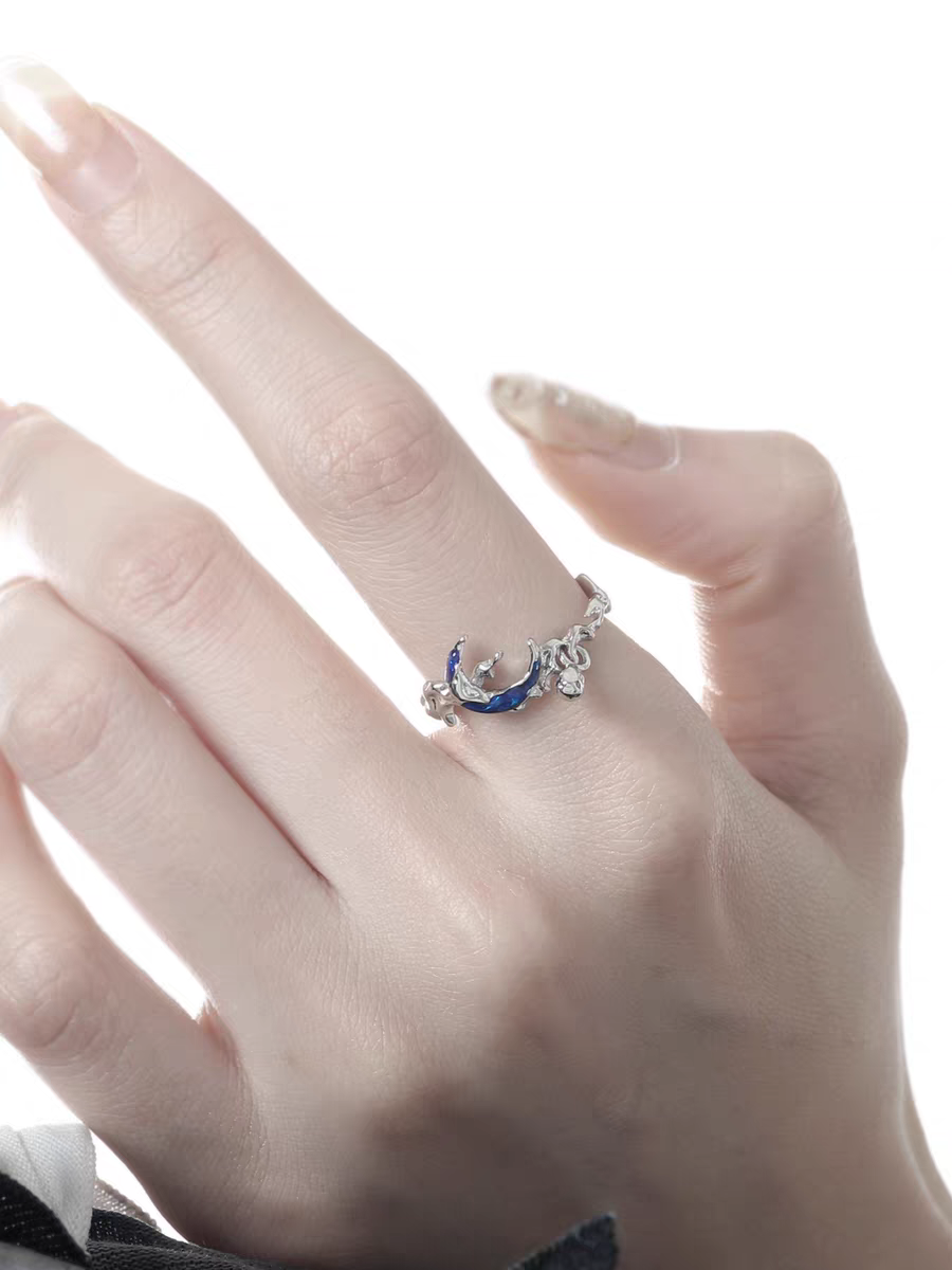 S925 Silber Unisex Blau Halbmond Offener Ring