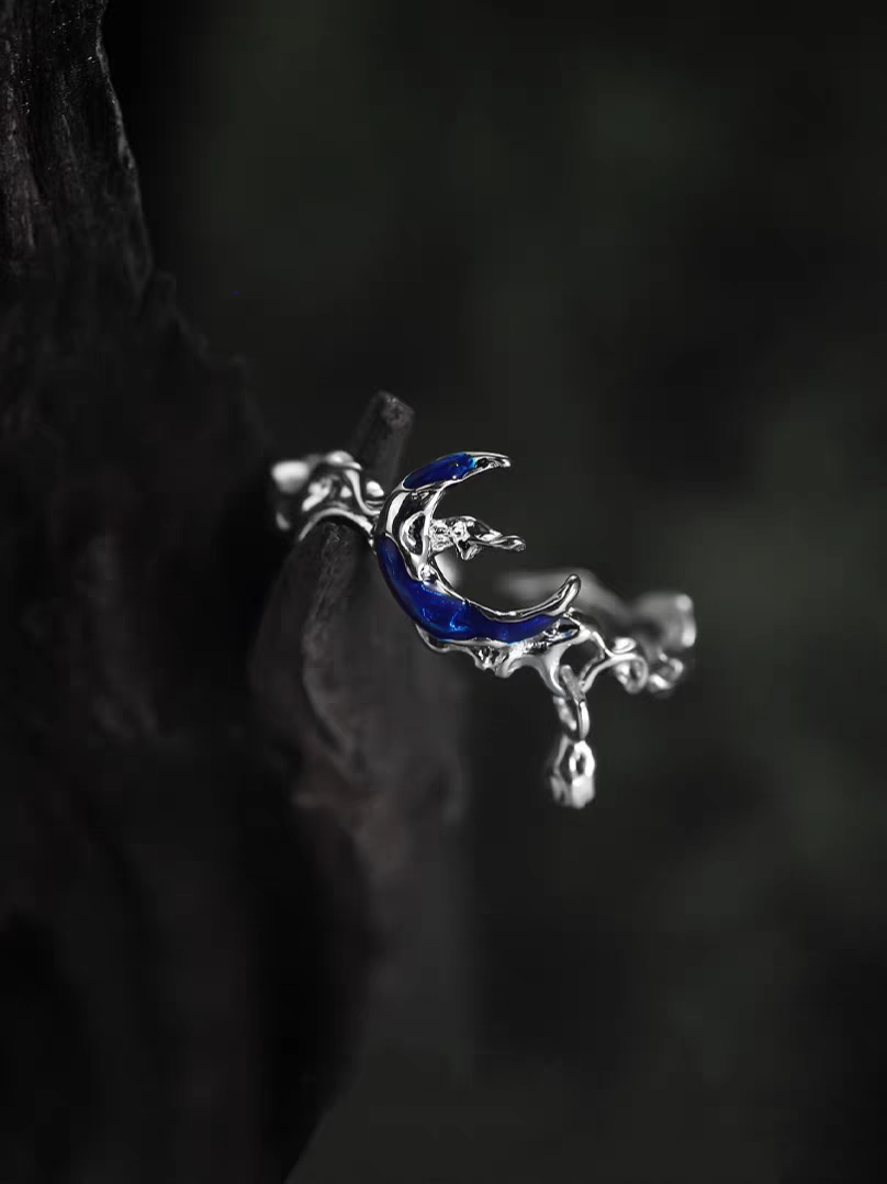 S925 Silber Unisex Blau Halbmond Offener Ring