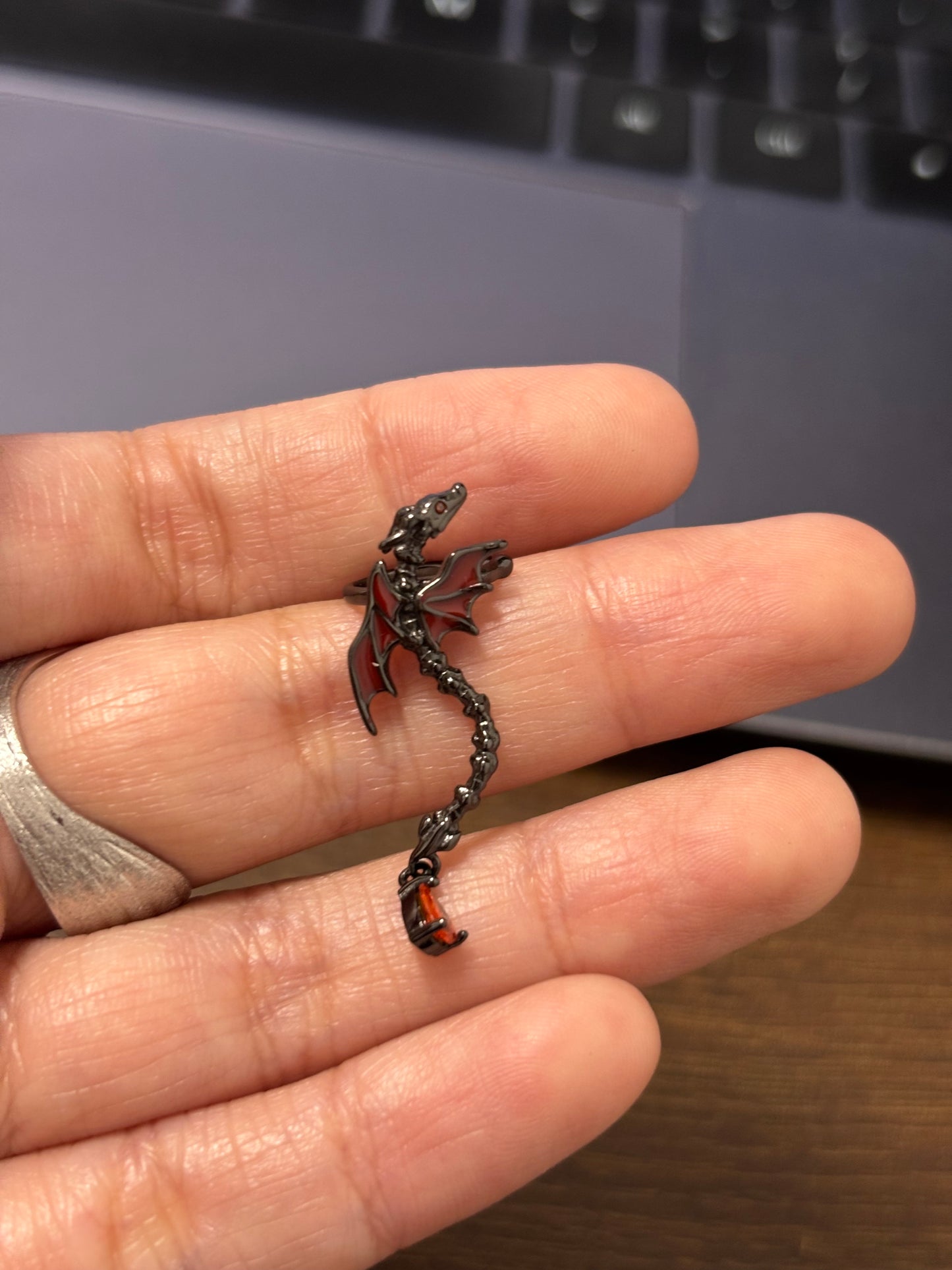 S925 Silver Goth Red Dragon Ear Cuff