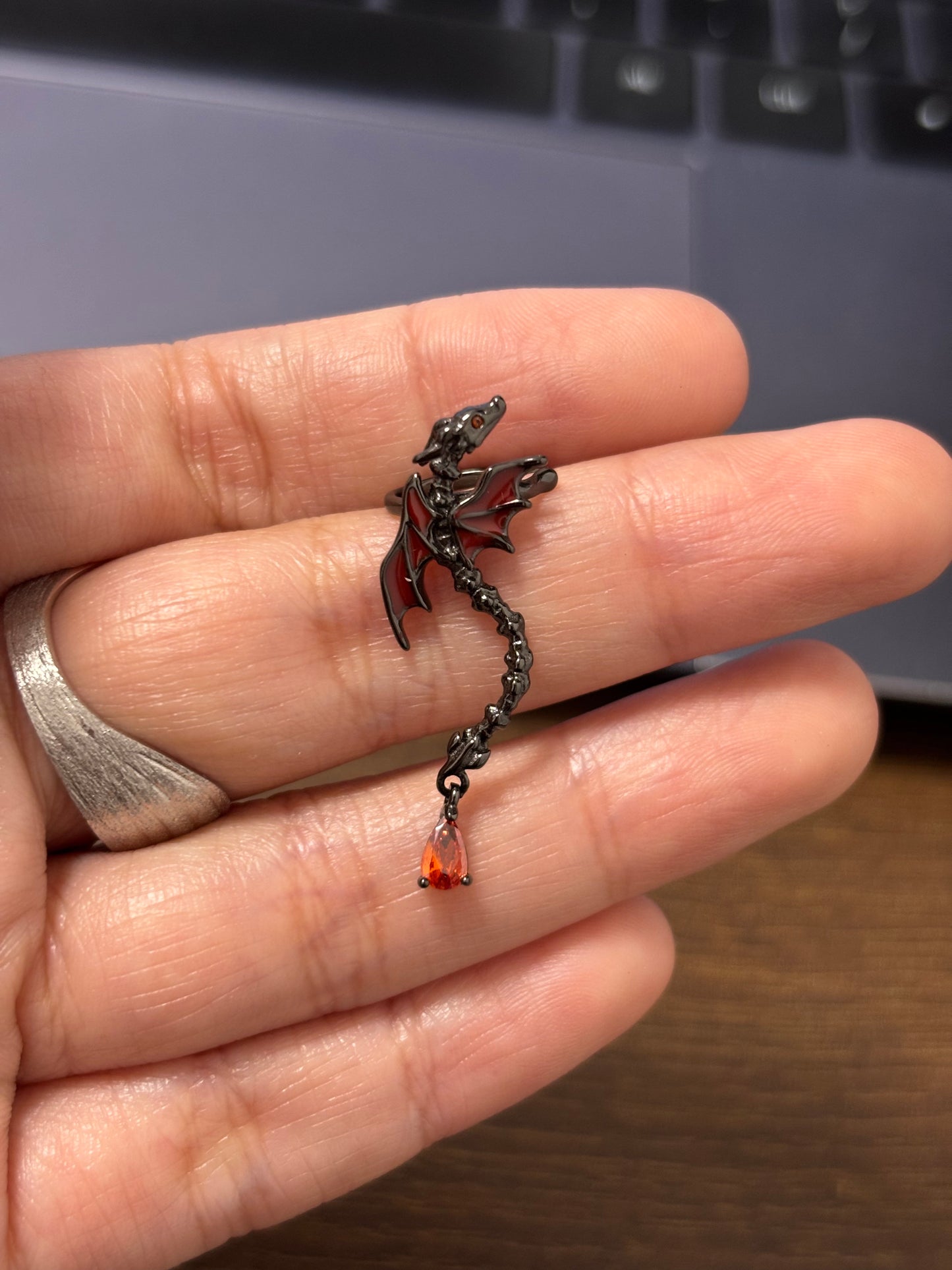 S925 Silver Goth Red Dragon Ear Cuff