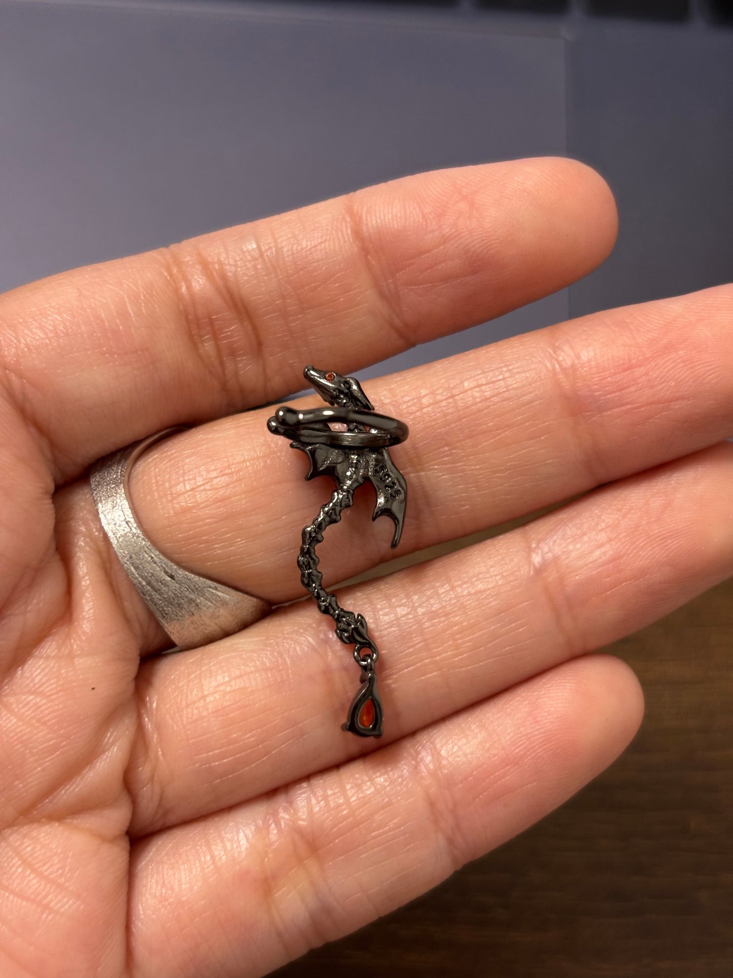 S925 Silver Goth Red Dragon Ear Cuff