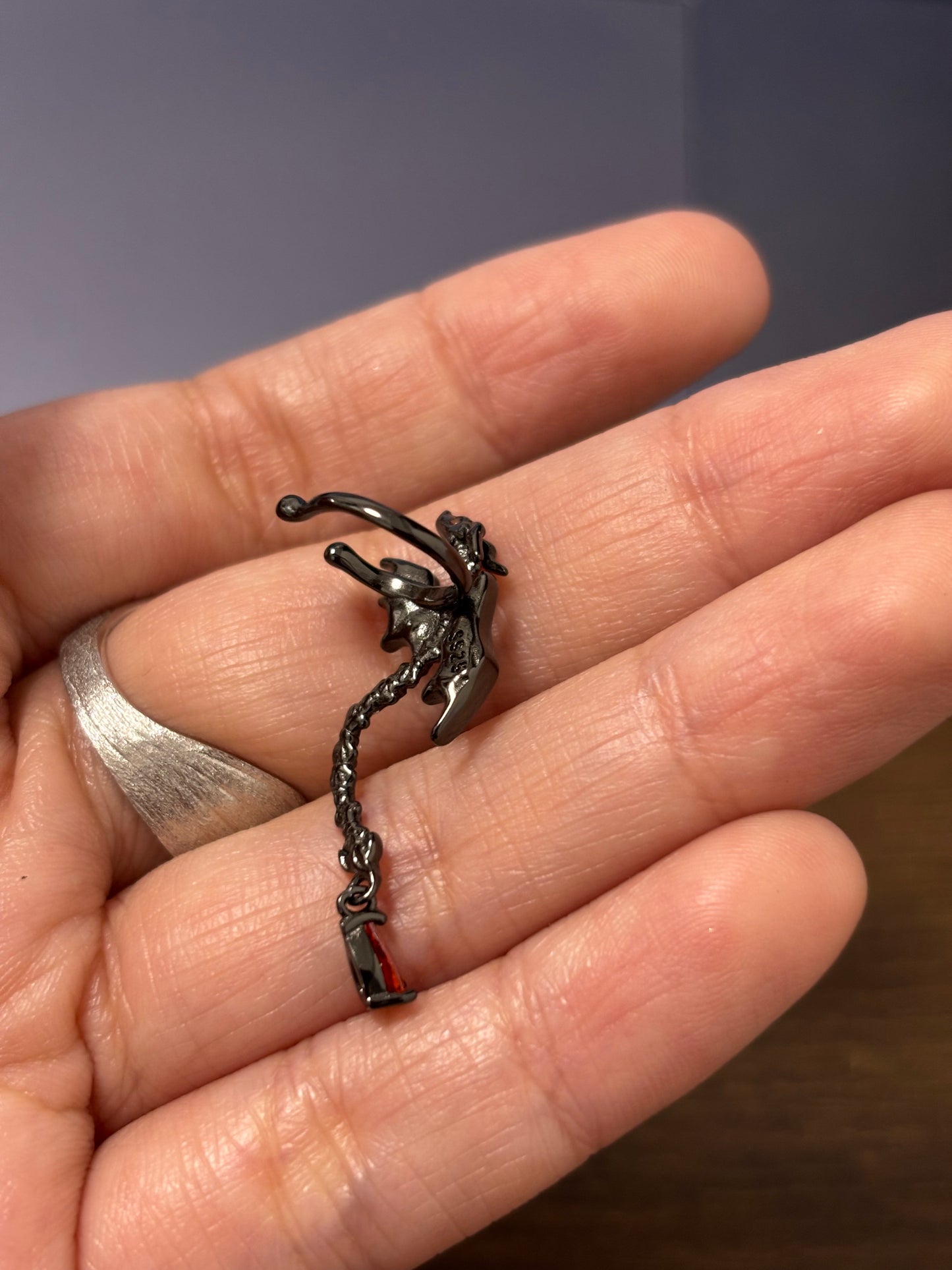 S925 Silver Goth Red Dragon Ear Cuff