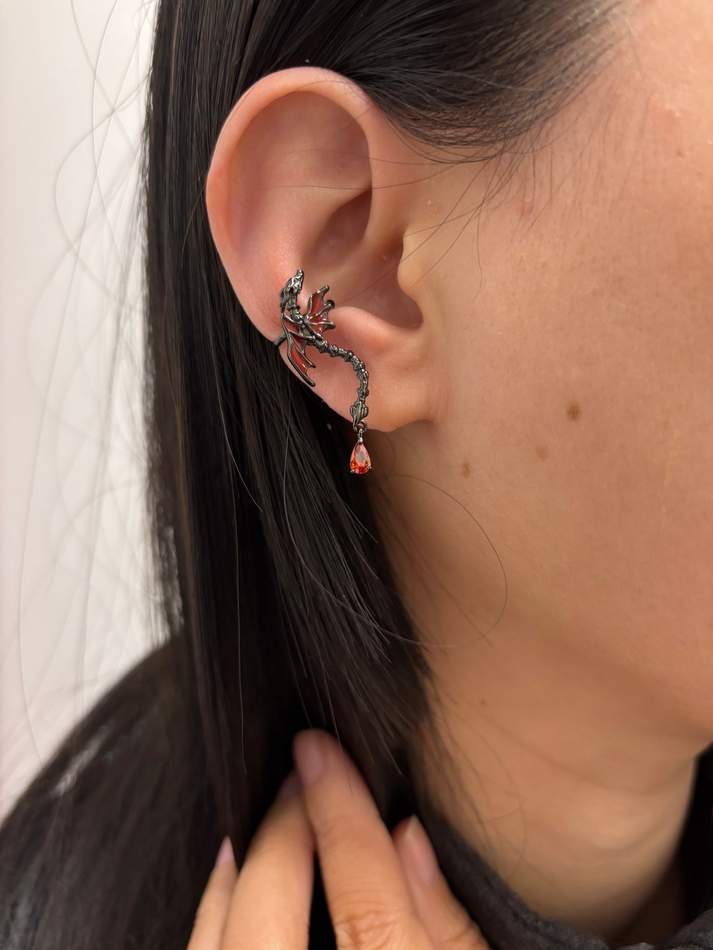S925 Silver Goth Red Dragon Ear Cuff