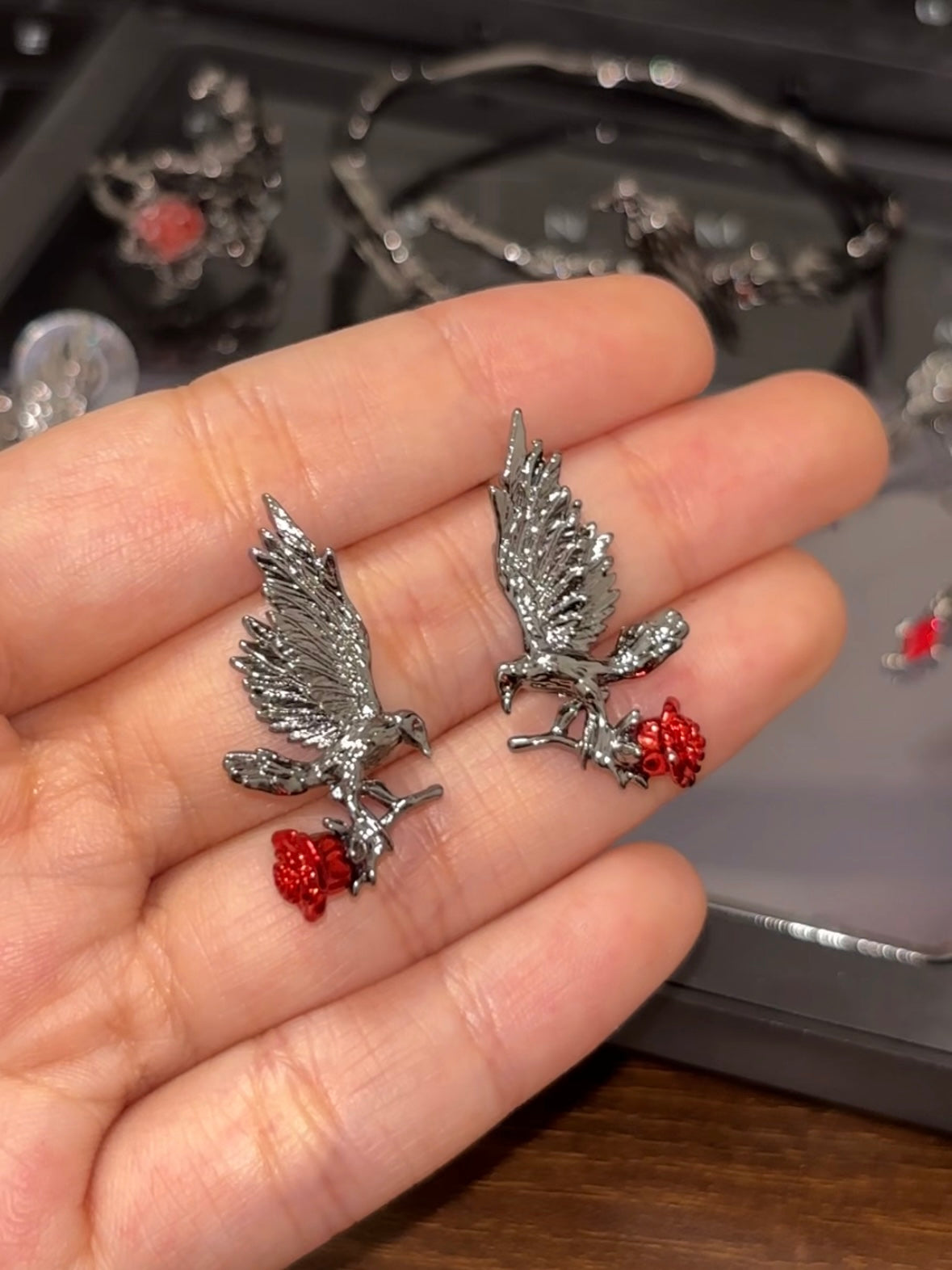 Dark Gothic Raven King Rose Stud Earrings