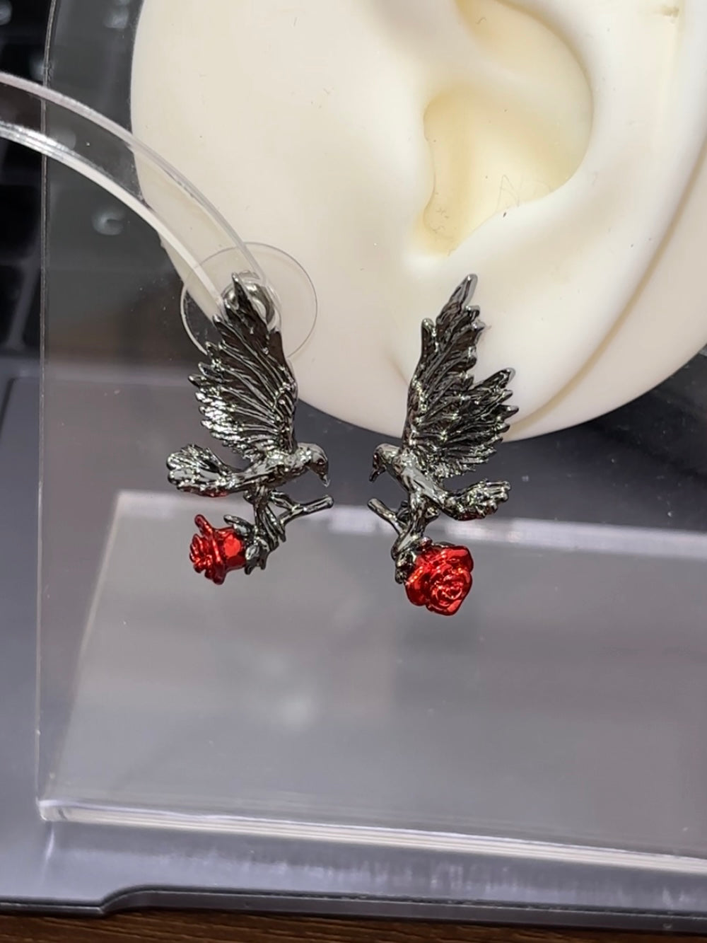 Dark Gothic Raven King Rose Stud Earrings