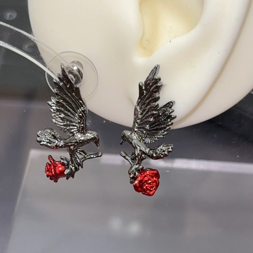 Dark Gothic Raven King Rose Stud Earrings