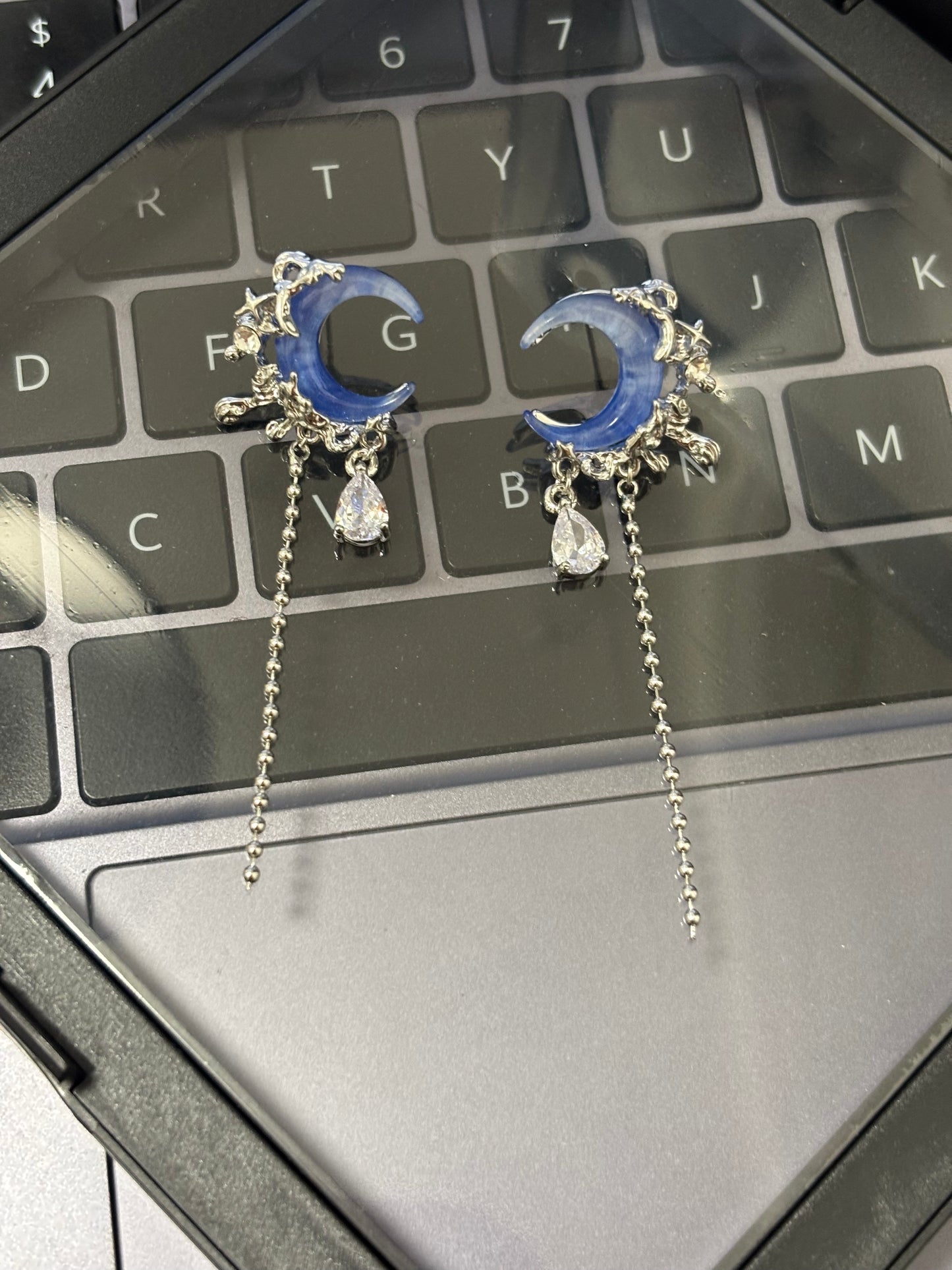 Y2K Blue Moon Rhinestone Tassel Earrings