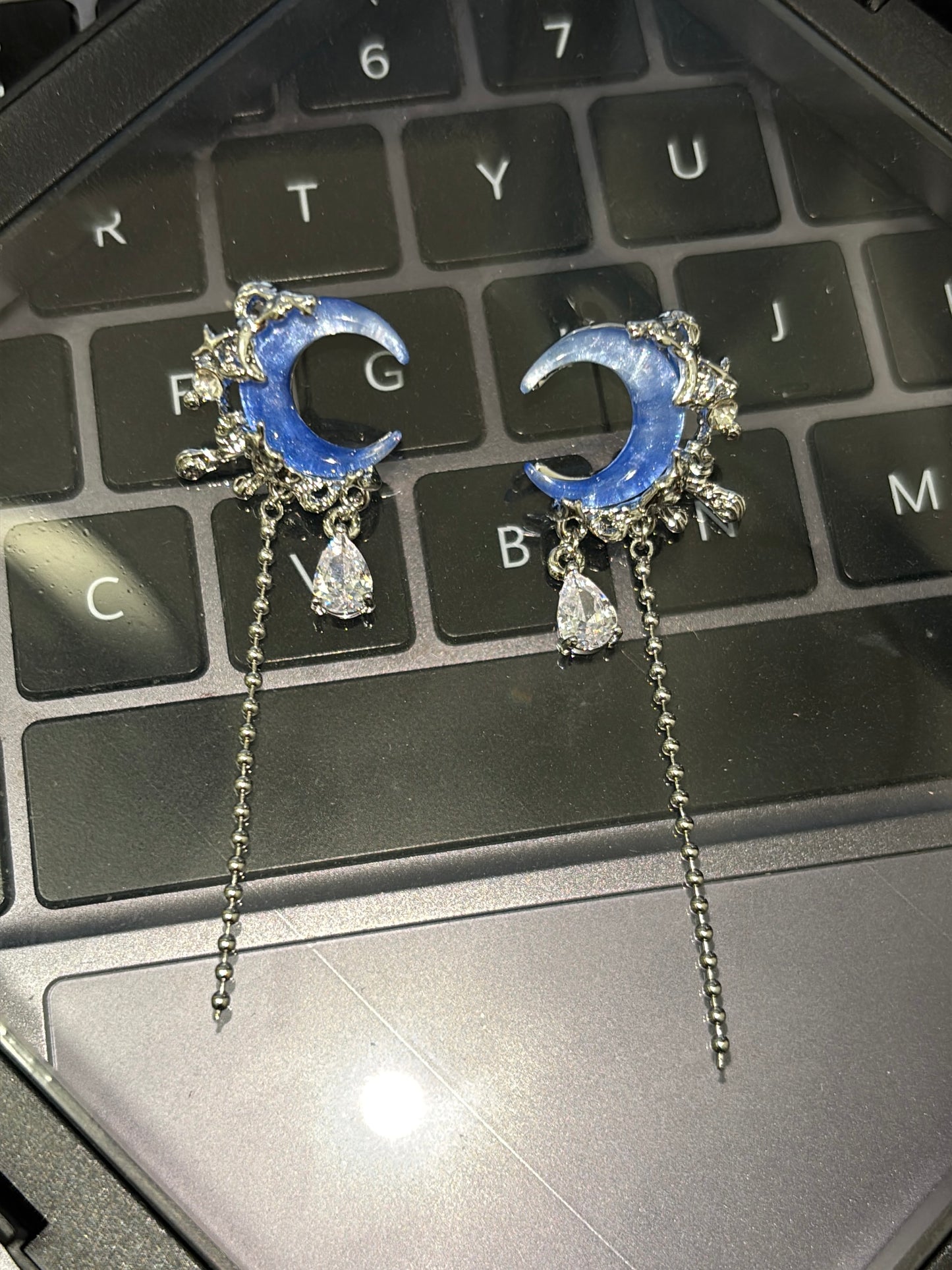 Y2K Blue Moon Rhinestone Tassel Earrings