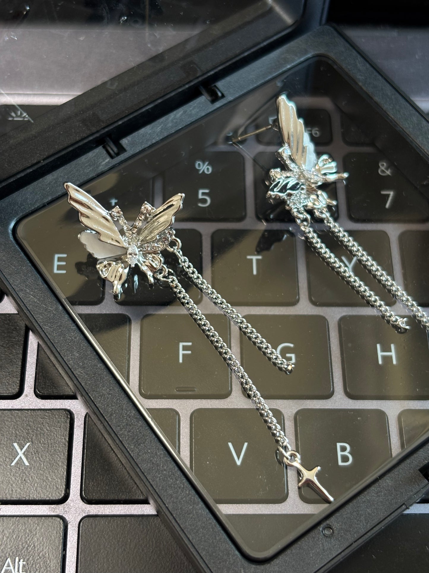 Chic Hua Cheng Silver Butterfly Long Tassel Stud Earring