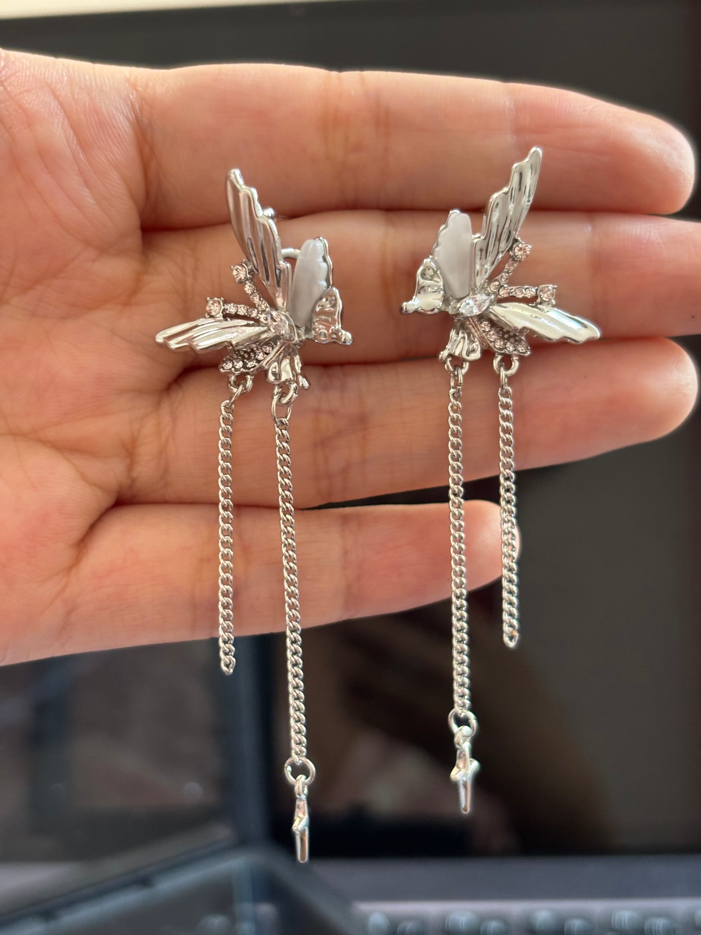 Chic Hua Cheng Silver Butterfly Long Tassel Stud Earring