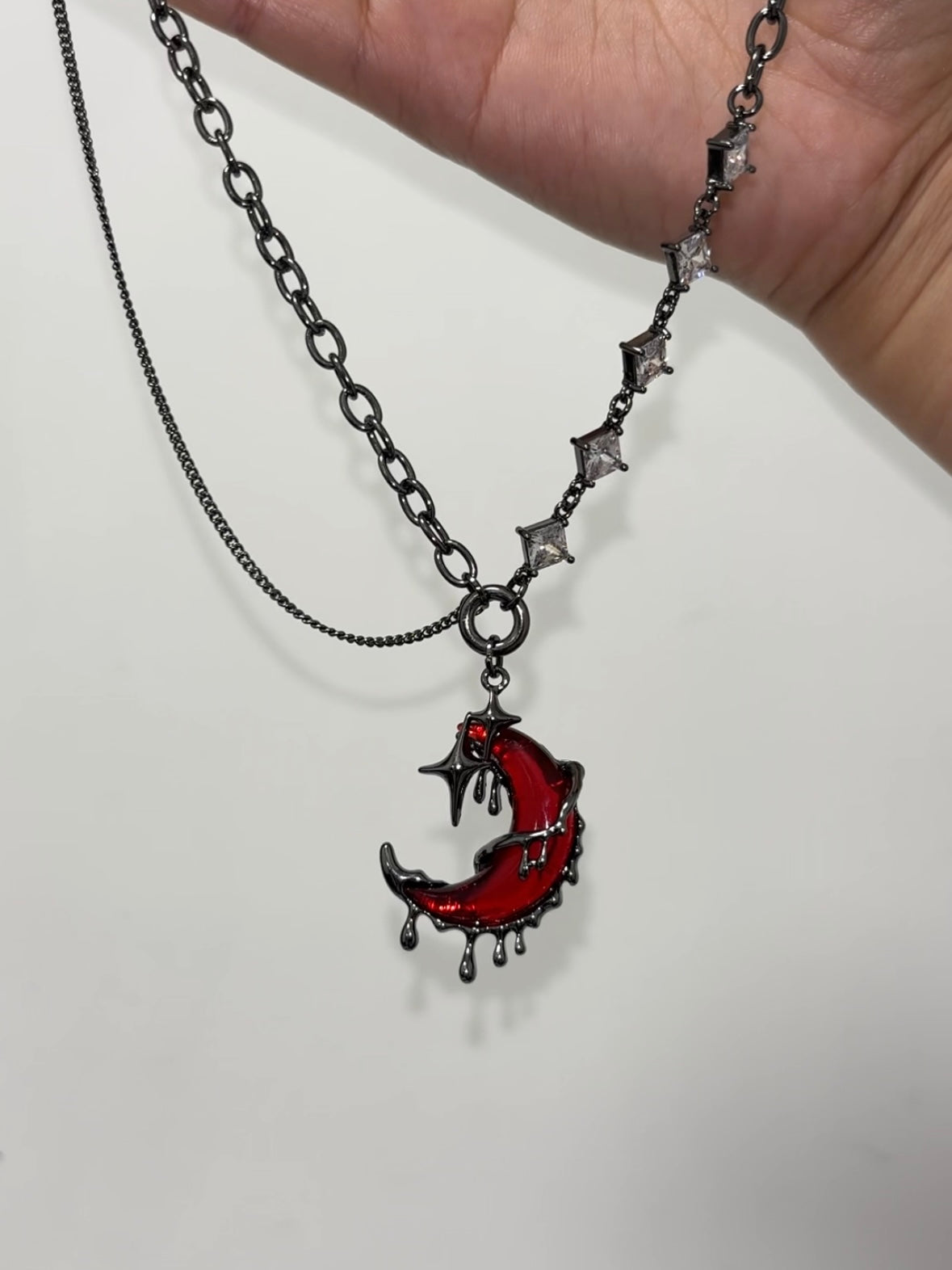 Goth Blood Moon Shining Star Rhinestone Necklace