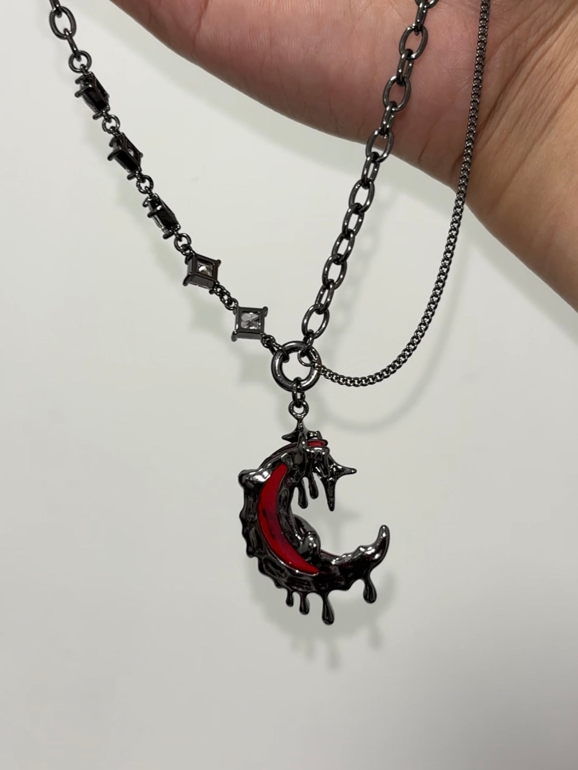 Goth Blood Moon Shining Star Rhinestone Necklace