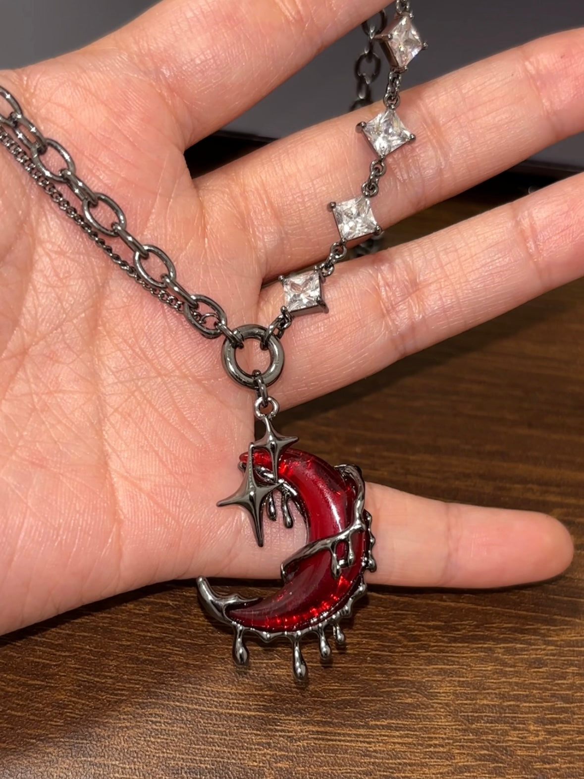Goth Blood Moon Shining Star Rhinestone Necklace