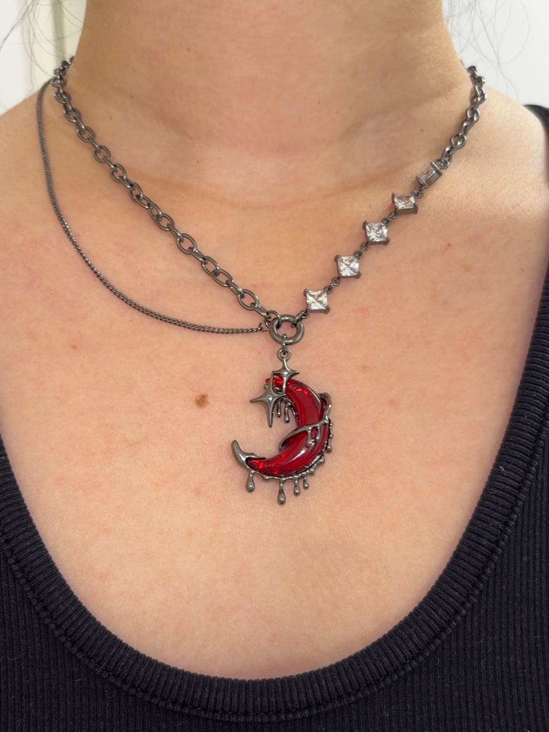 Goth Blood Moon Shining Star Rhinestone Necklace