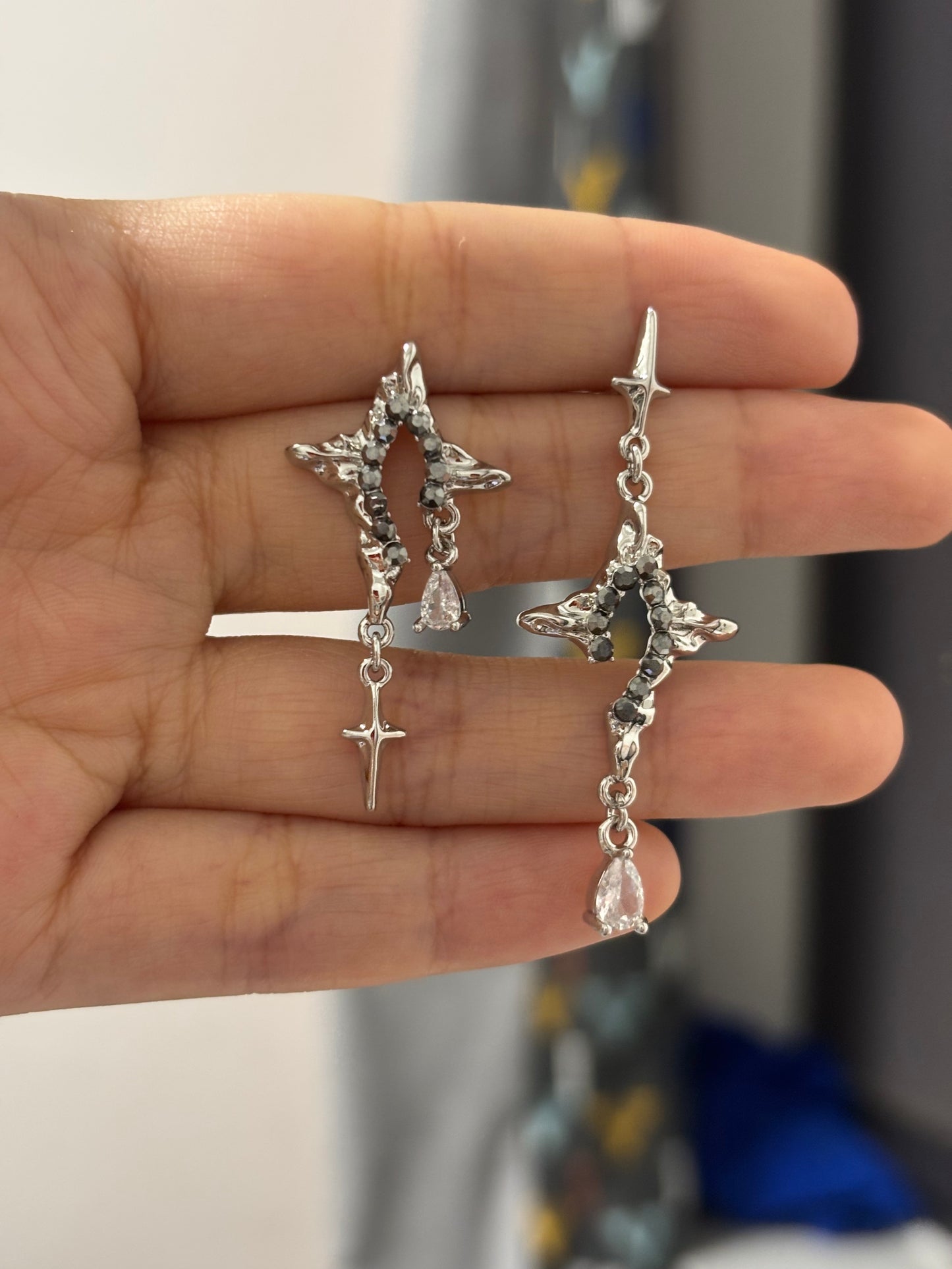 Asymmetrical Liquid Metal Star Drop Earrings