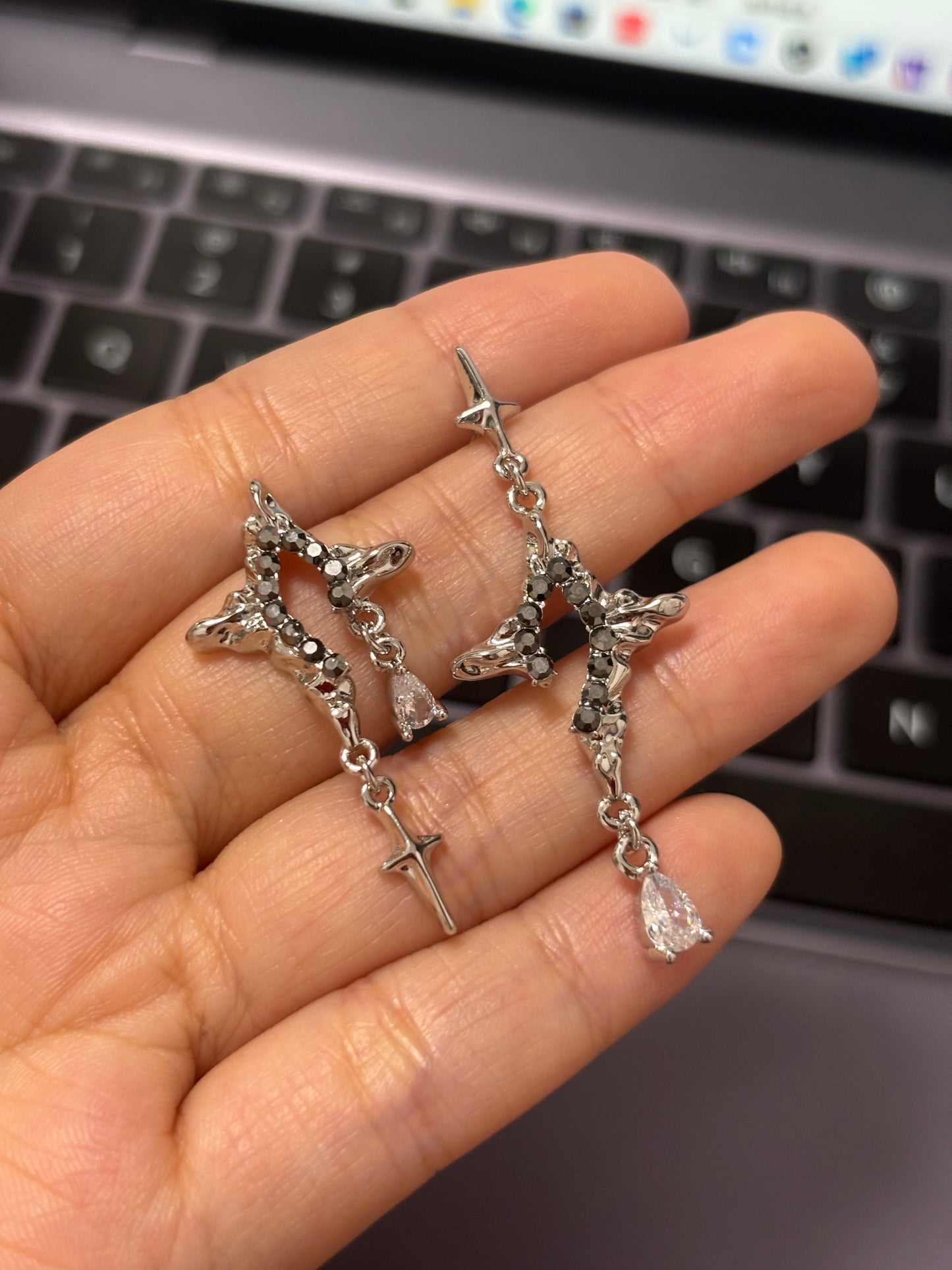 Asymmetrical Liquid Metal Star Drop Earrings