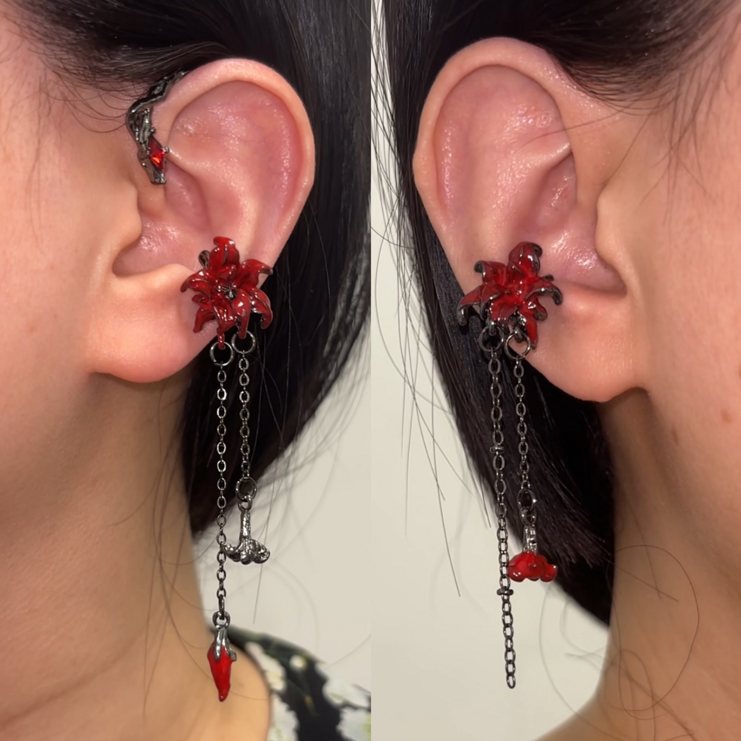 Asymmetric Dark Gothic Red Spider Lily Ear Cuff for Blade