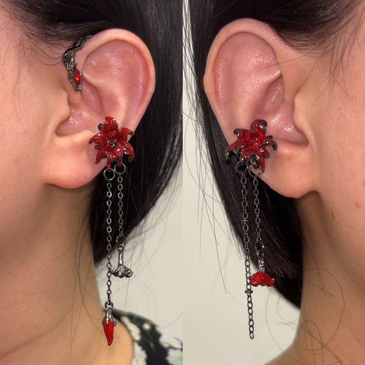 Asymmetric Dark Gothic Red Spider Lily Ear Cuff for Blade