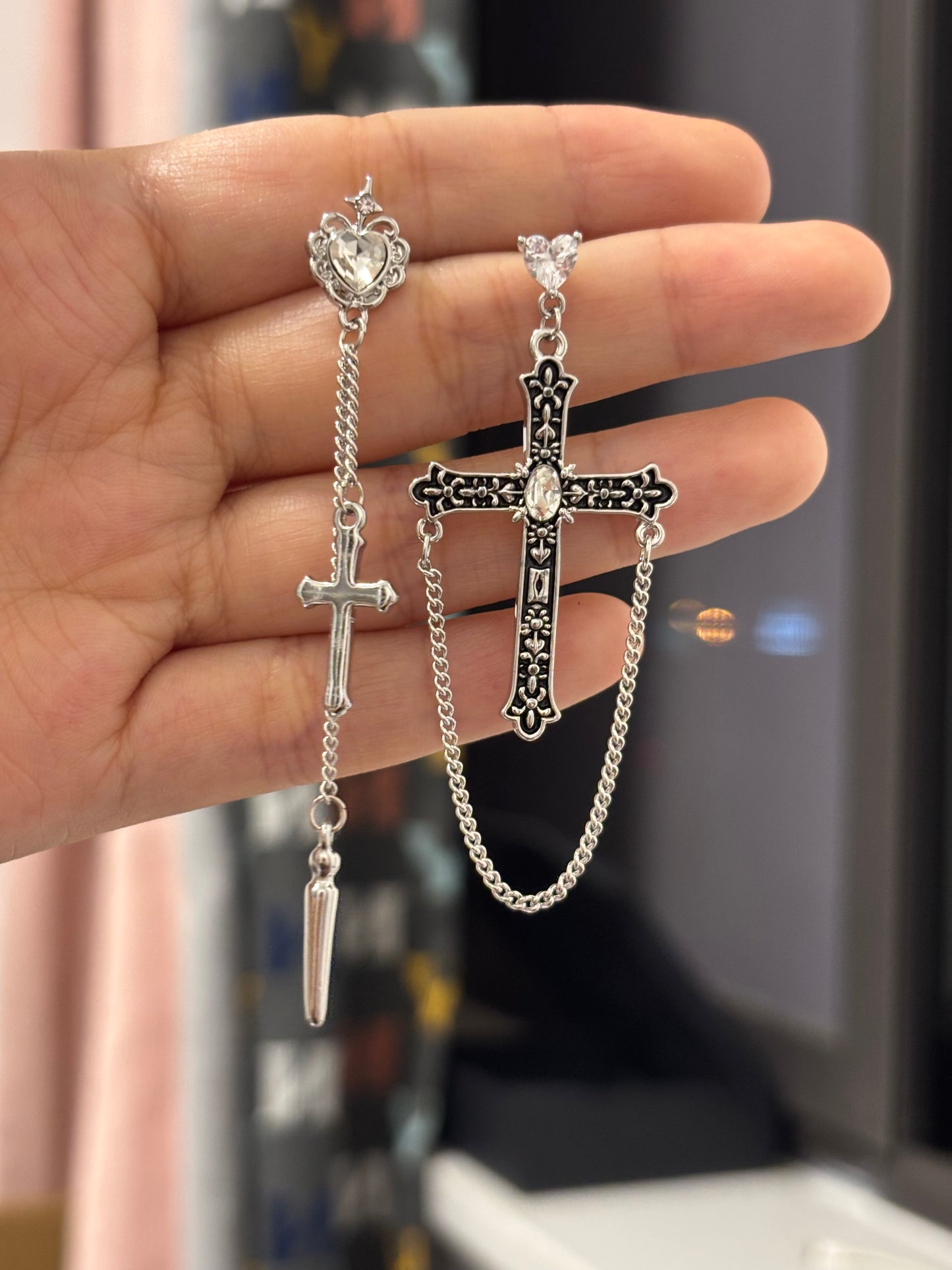 Y2K Gothic Punk Cross Rhinestone Asymmetrical Earrings