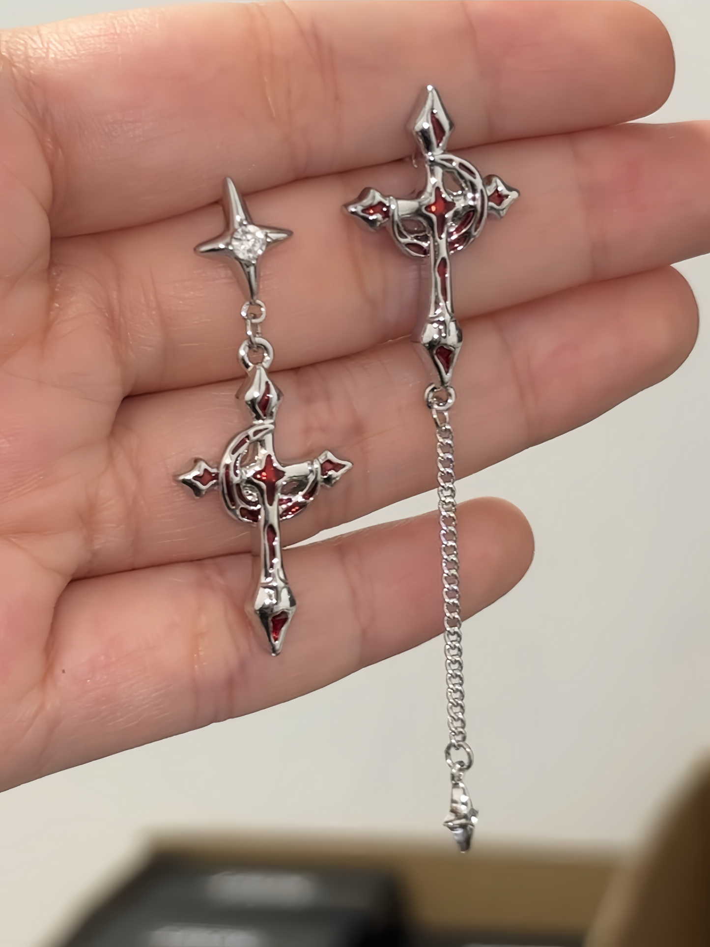 Goth Blood Moon & Cross Asymmetrical Earrings