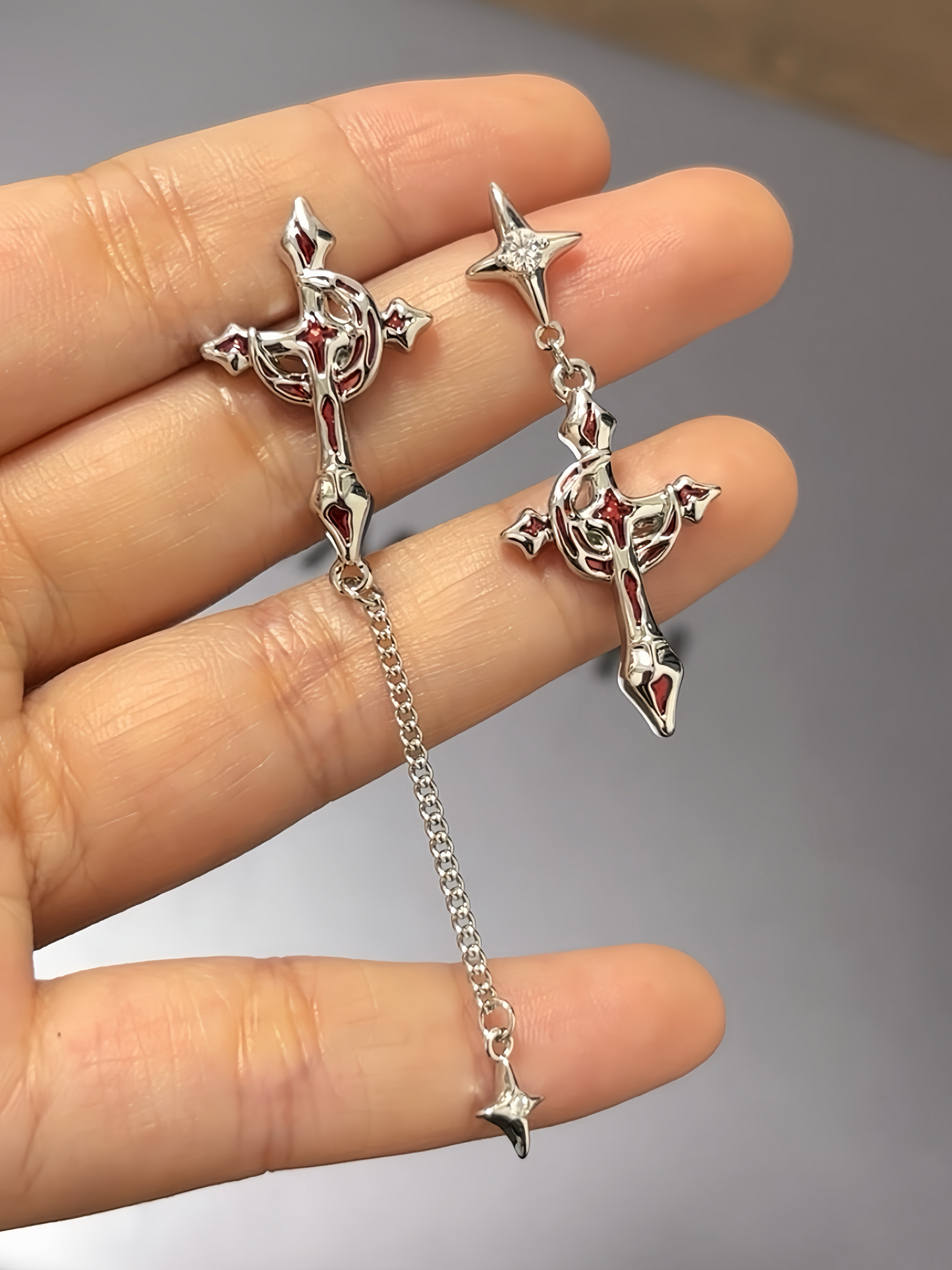 Goth Blood Moon & Cross Asymmetrical Earrings