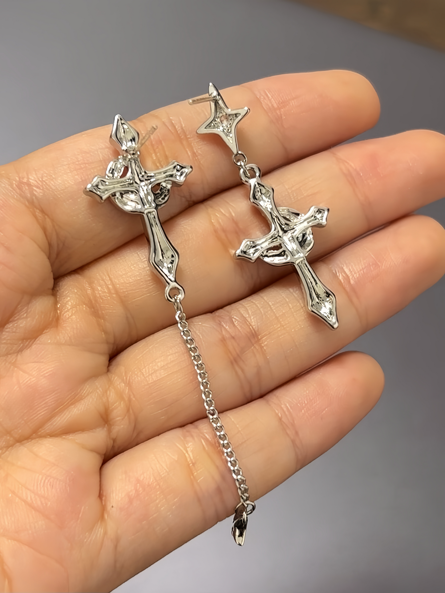 Goth Blood Moon & Cross Asymmetrical Earrings