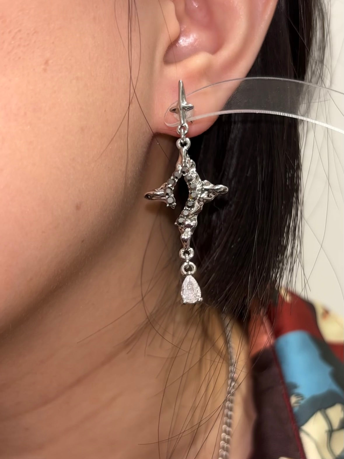 Cyber-Gothic Asymmetric Star Crosses Stud Earrings