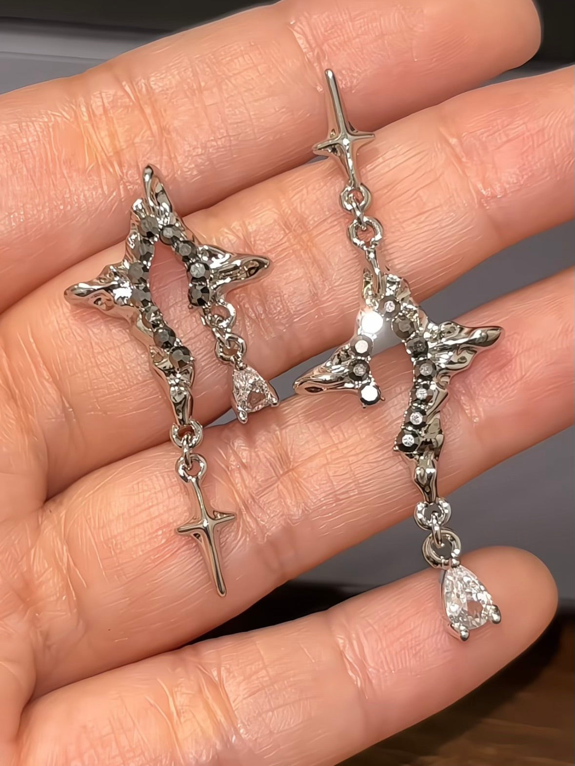 Cyber-Gothic Asymmetric Star Crosses Stud Earrings