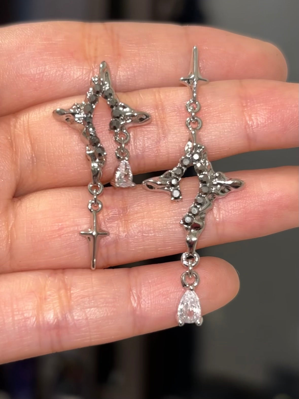 Cyber-Gothic Asymmetric Star Crosses Stud Earrings