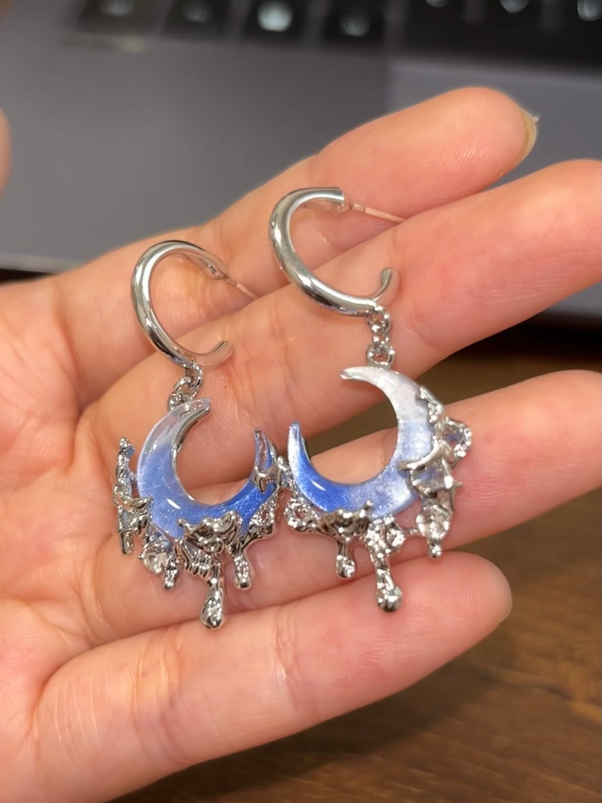 Y2K Blue Moon Rhinestone Dangle Earrings For Columbina