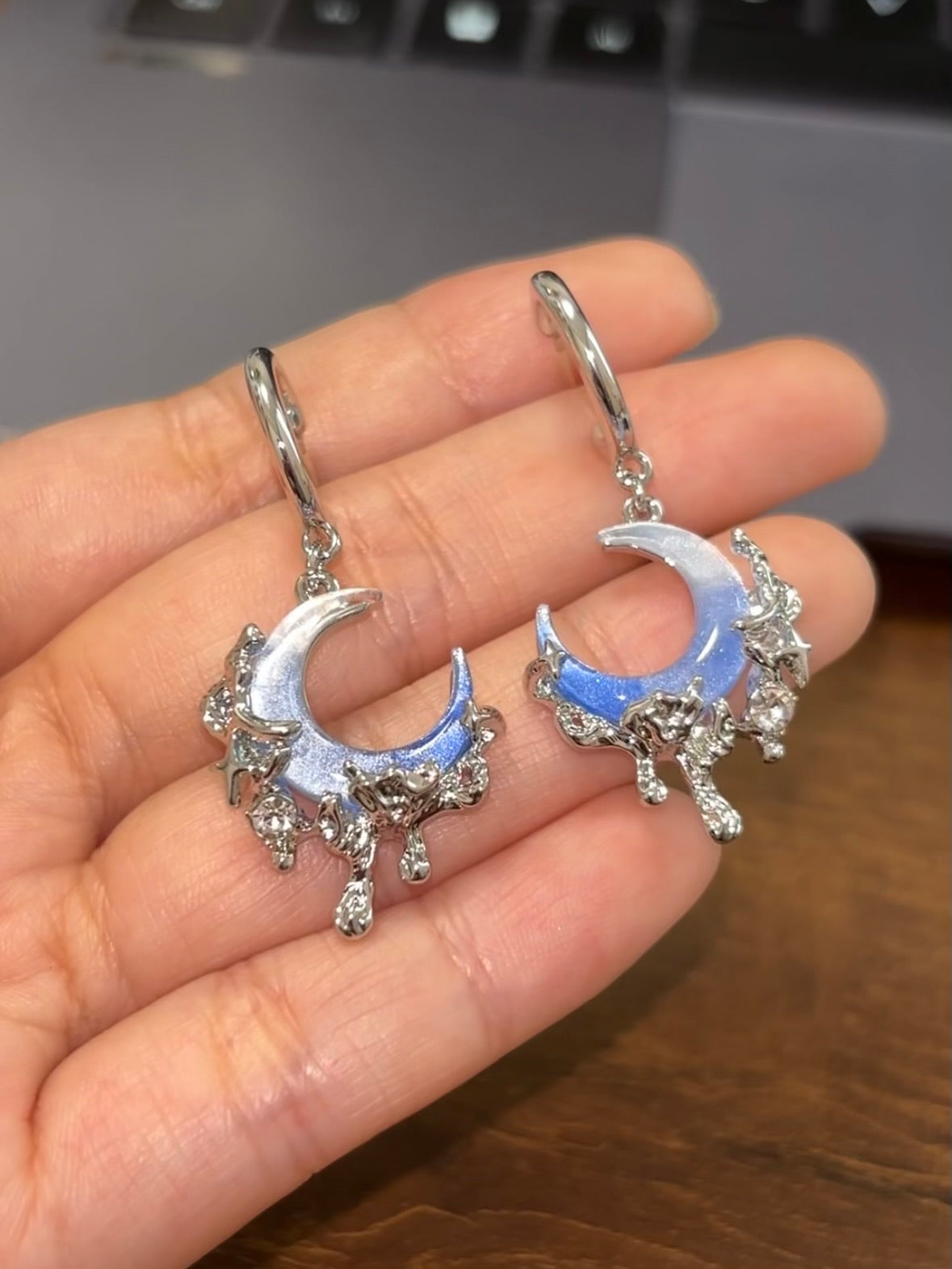 Y2K Blue Moon Rhinestone Dangle Earrings For Columbina