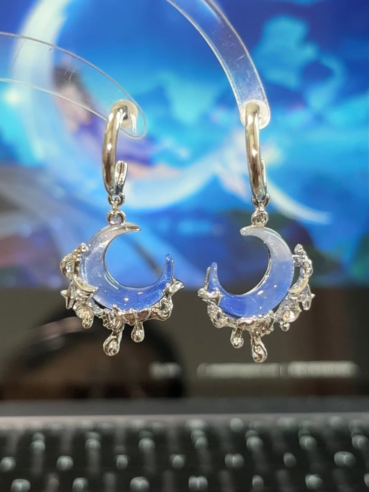Y2K Blue Moon Rhinestone Dangle Earrings For Columbina
