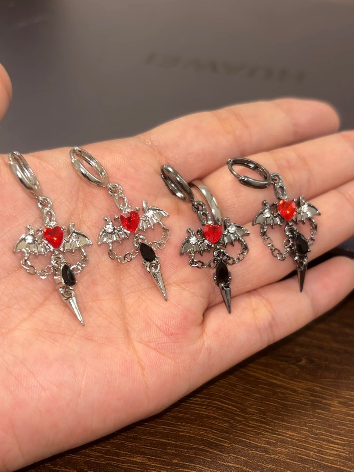 Gothic Bat Rhinestone Heart Hoop Earrings