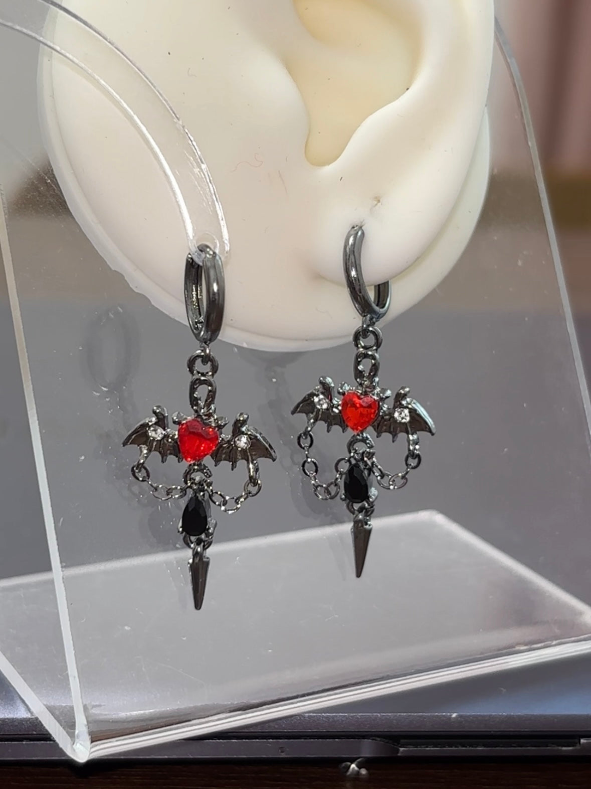 Gothic Bat Rhinestone Heart Hoop Earrings